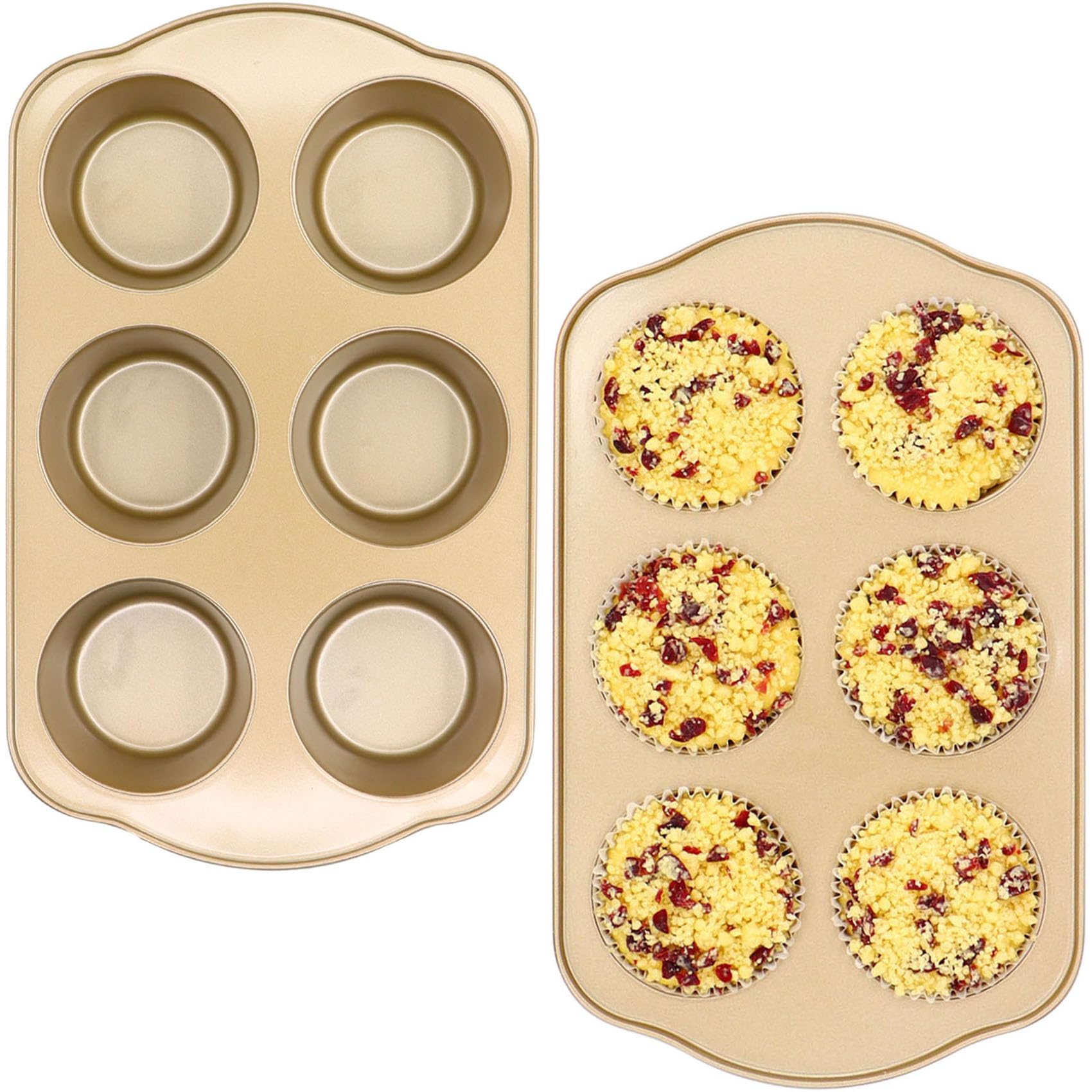 JOHO BAKING Jumbo Muffin Pan 2 Pack, Nonstick Large Cupcake Pan 6 Cup, Heavy Duty 0.5mm Thick Steel Big Muffin Tins for Baking, 3.5inch Dia, Gold