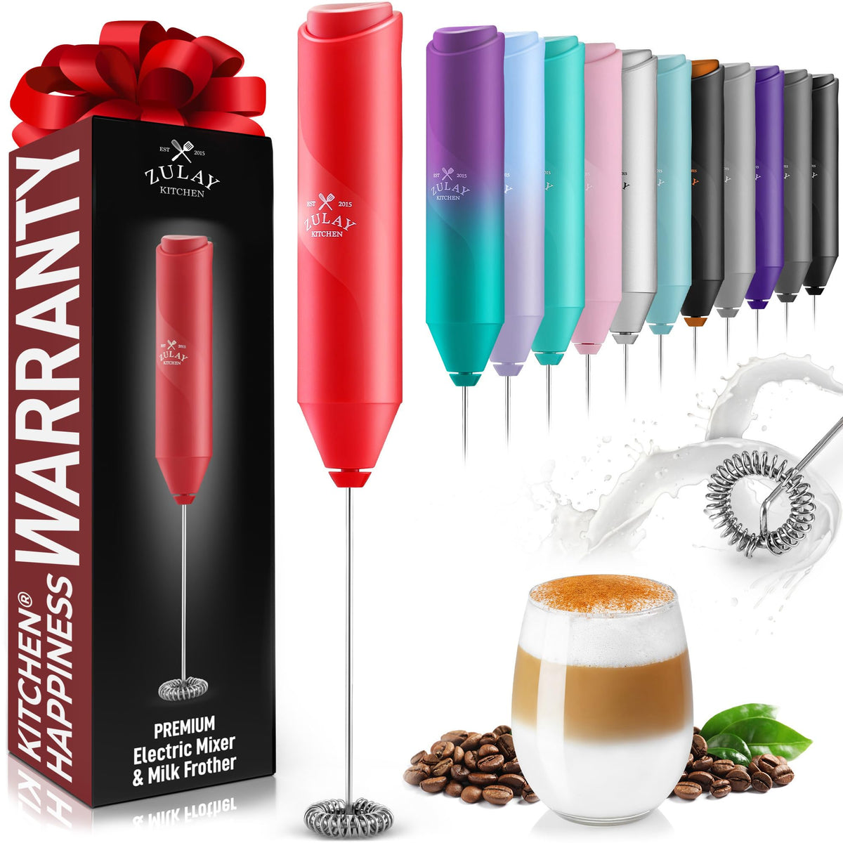 Zulay Kitchen Powerful Milk Frother Wand - Handheld Stainless Steel - Battery Operated Drink Mixer for Coffee, Lattes, Cappuccino, Matcha - Froth Mate Frother Gift - Cool Tide