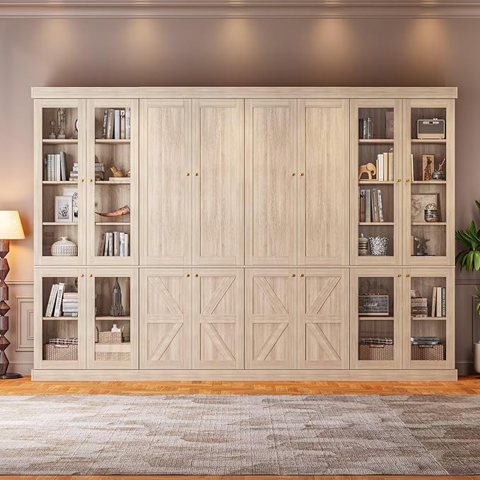 ivaniti 70.8" Tall Bookshelf with Doors, Farmhouse Modular Bookcase with 4-Tier Adjustable Shelves, Large Storage Cabinet for Home Office, Living Room, Set of 2