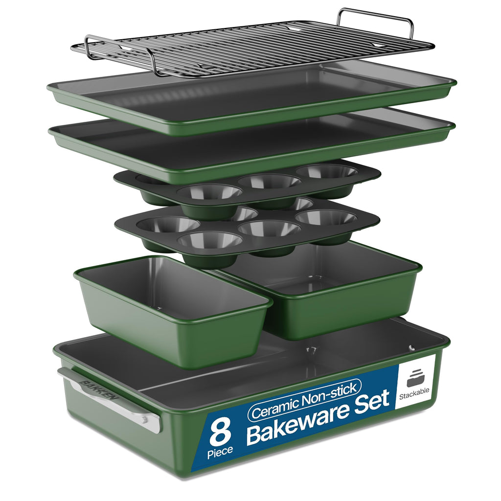 Bakken 8-Piece Ceramic Coated Bakeware Sets, Nonstick Aluminized Steel Pans with Muffin, Loaf, Cake, Roasting Pan, & Cooling Rack, Oven Safe Up To 500°F, Dishwasher Safe, BPA, PTFE & PFAS Free, Green