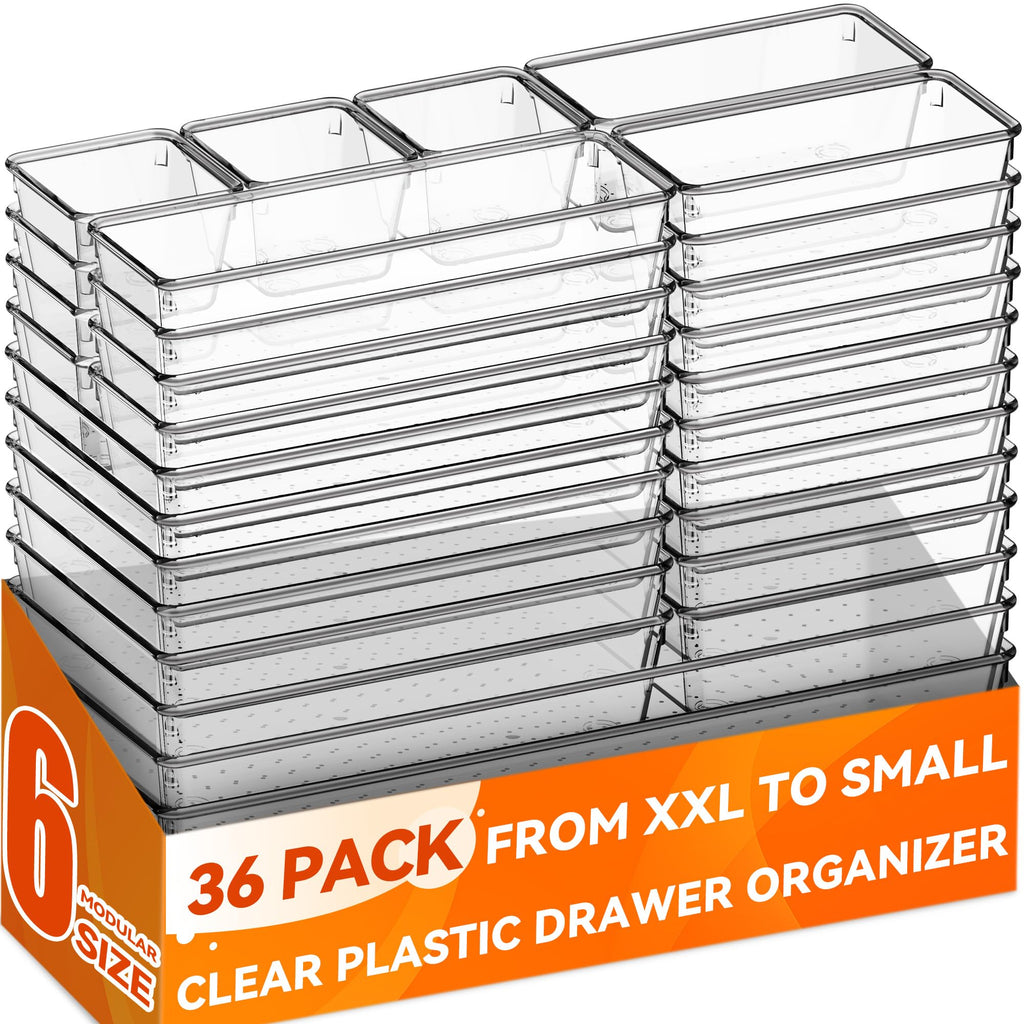 Criusia 36 Pack Large Clear Plastic Drawer Organizer Bins - 6 Size Acrylic Kitchen Drawer Organization and Storage for Utensils Gadgets, Office Bathroom and Vanity Organizer for Makeup Accessoires