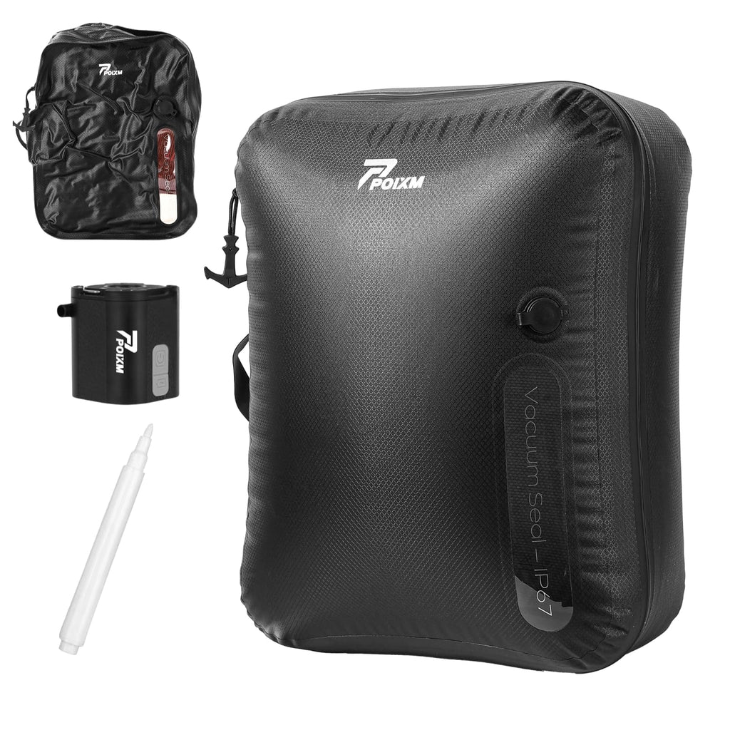 POIXM Vacuum Bags for Travel with Wireless Pump, 180° Open Zipper, IP67 Waterproof, Reusable Space Saver Compression Bags for Backpack, Suitcase