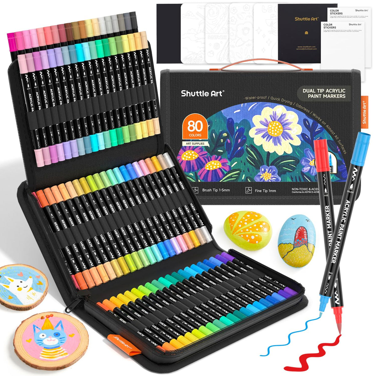 Shuttle Art 36 Colors Dual Tip Acrylic Paint Markers, Brush and Fine Tip for Rock Painting, Ceramic, Wood, Canvas, Plastic, Glass, Stone, Calligraphy, Card Making, DIY Crafts