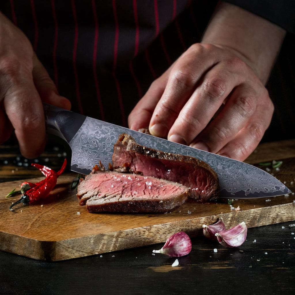 EXCALIBLADES 8” Chef Knife – VG10 Damascus Steel Kitchen Knife, Razor Sharp Professional Cooking Knife with Ergonomic G10 Handle, Luxury Gift Box & Sheath, Gift for Home Chefs