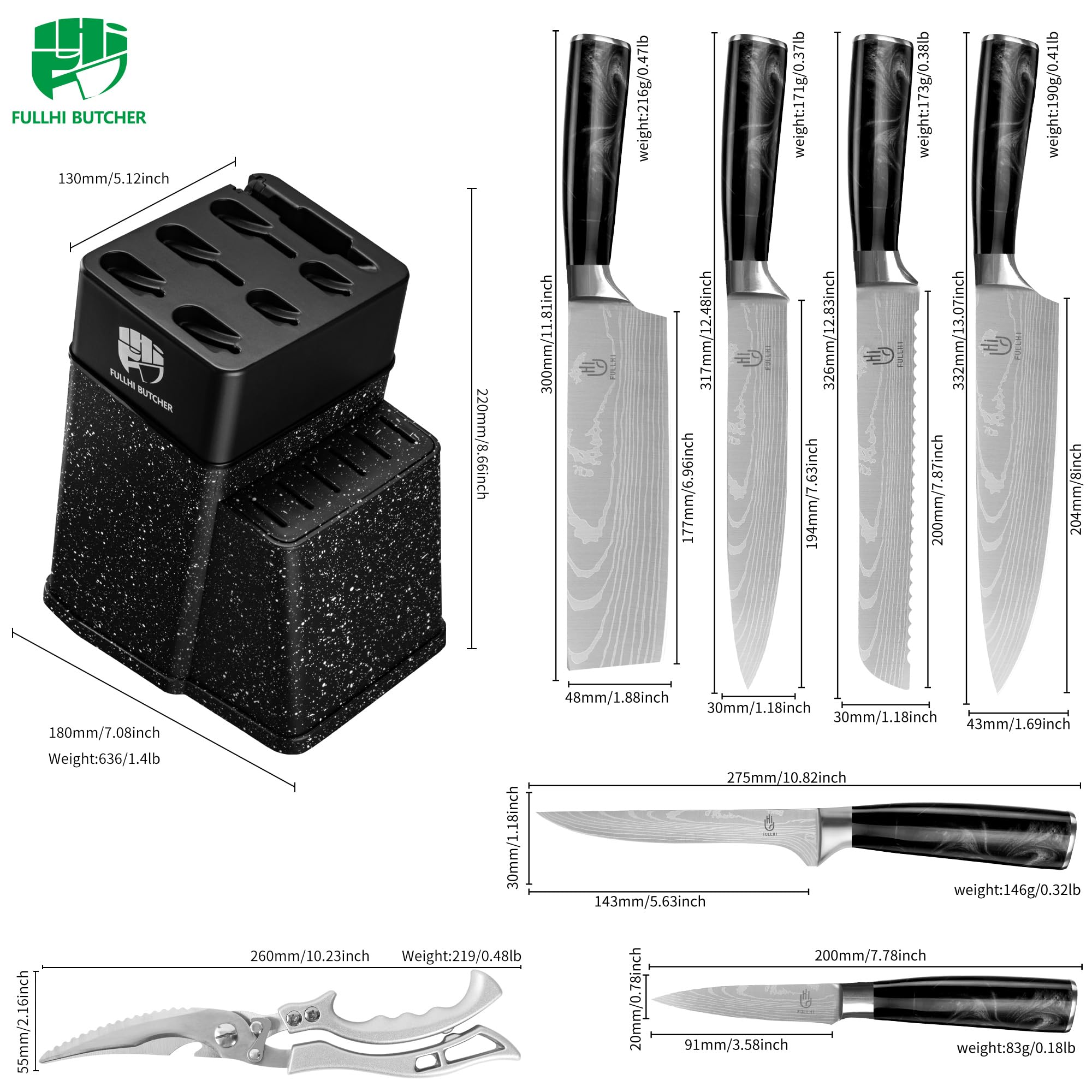 FULLHI 8pcs block Knife Set,chef's Knves Set with Block and Sharpener, Kitchen Knife Set,Multi-colour Handle, Gifts for Men Women