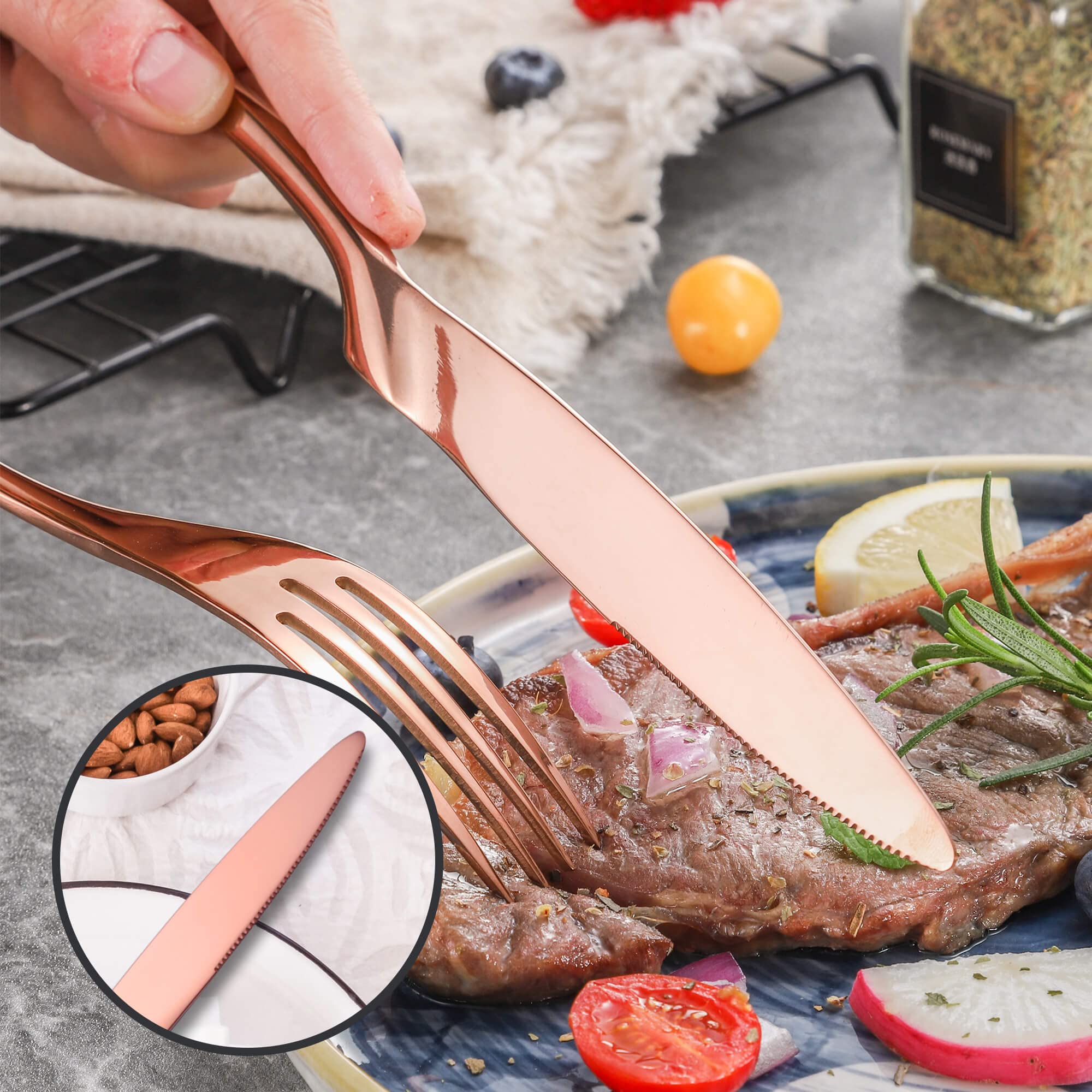 Lemeya 24 Pieces Rose gold Silverware Set for 6,Heavy Duty 18/10 Stainless Steel Flatware Set with Forged Stand Knife,Modern Cutlery Utensil Set,Mirror Polished,Dishwasher Safe