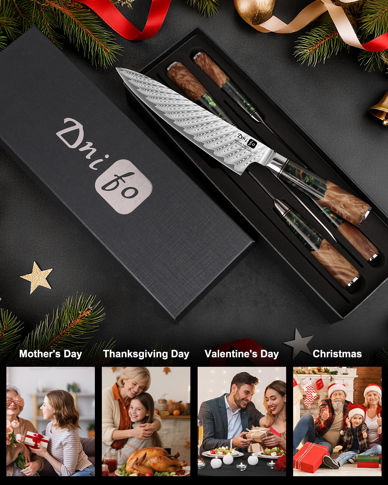 5PCS Damascus Knife Set, 5" Paring, 6" Boning, 7" Santoku, 8" Chef & Bread