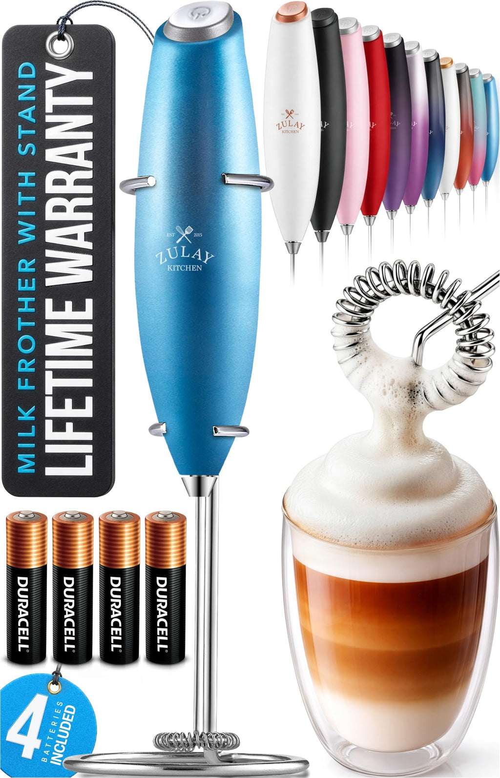 Zulay Kitchen Powerful Milk Frother Wand With Duracell Batteries - Ultra Fast Handheld Drink Mixer - Electric Whisk Foam Maker for Coffee, Lattes, Cappuccino & Matcha - Z1 Motor - Aqua
