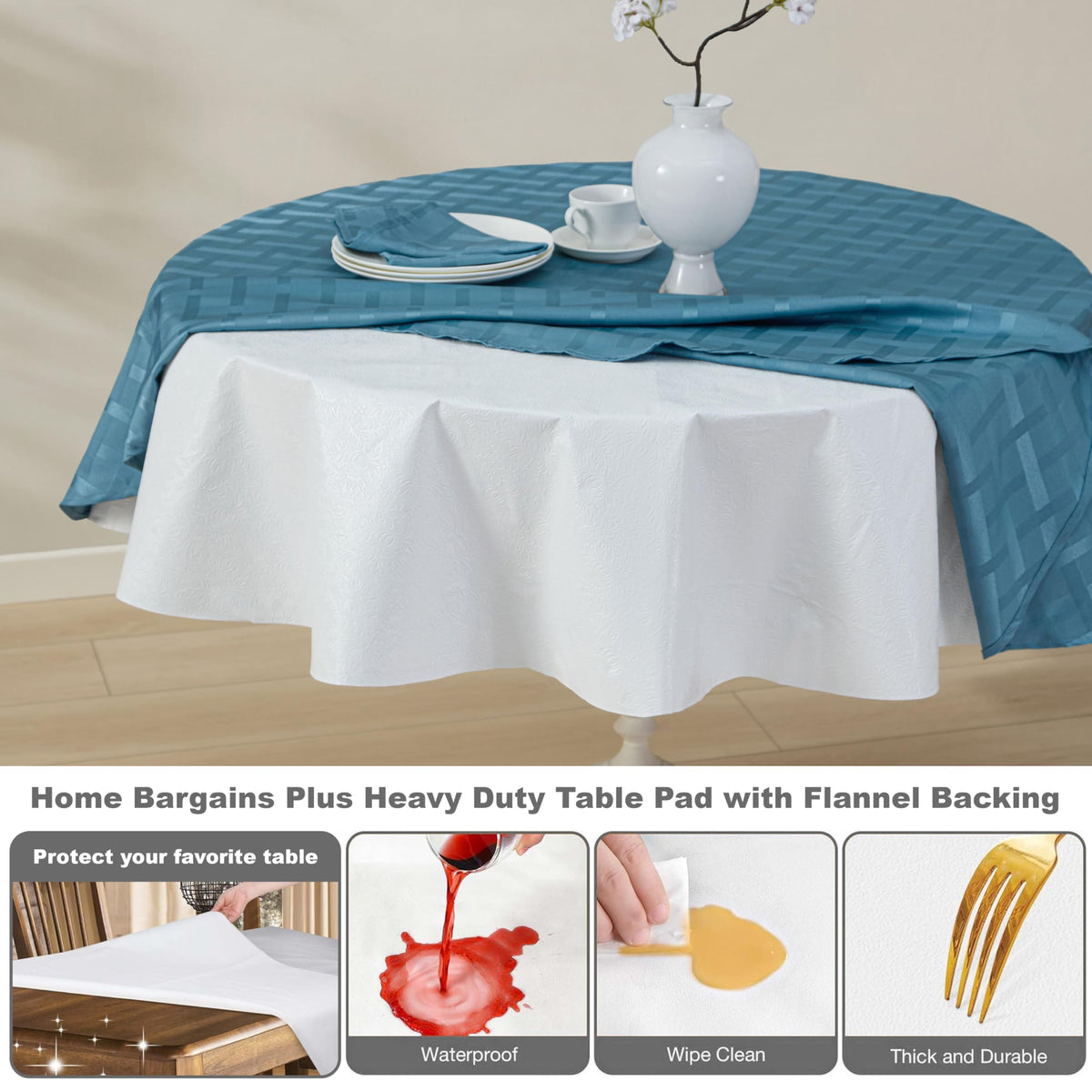 Home Bargains Plus Quilted Heavy Duty Table Pad Protector with Flannel Backing, Cut to Fit, Heat Resistant, Wipe Clean, Protects Table from Spills and Scratches, White, 60” x 102” Rectangle