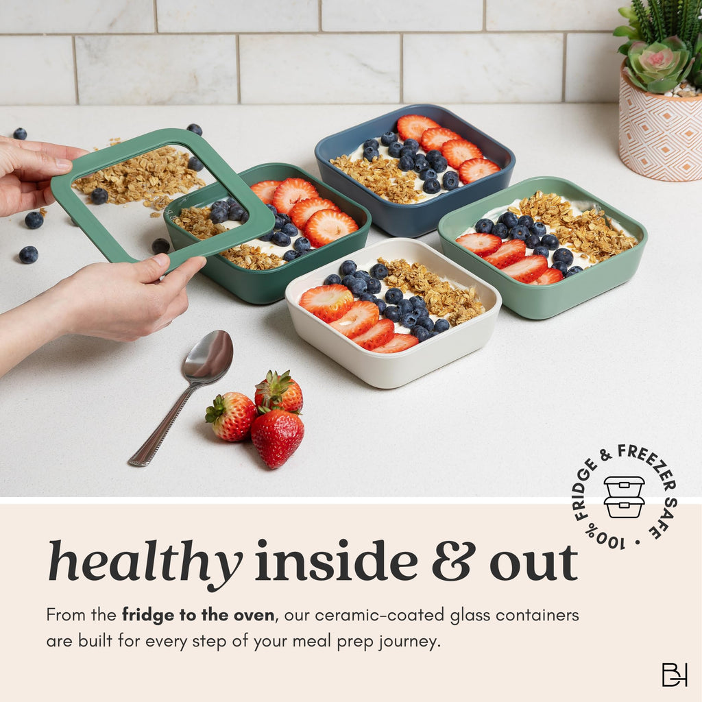 BRIVARA HOME 12-Piece Glass Meal Prep Containers Set with Lids (6 Containers + 6 Lids) | Microwave-Safe Airtight Seal, Oven-Safe Ceramic-Coated Glass | Zero Plastic, No PFAS/PFOA/BPA [Onyx]