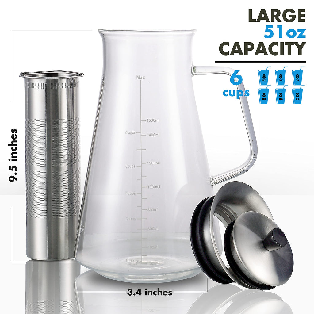 Aquach 51oz Cold Brew Maker, Borosilicate Glass Iced Coffee Tea Pitcher