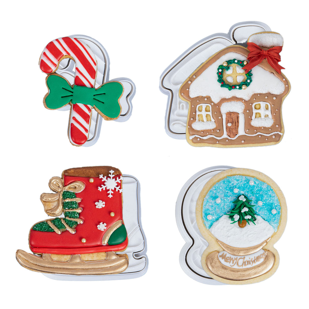 Flycalf Christmas Cookie Cutters Nutcracker Shapes with 3D Stamper Fall Holiday PLA Baking Accessories Cutter Molds Gifts for Kids Decorative Party 3.5" Kitchen Cake Supplies