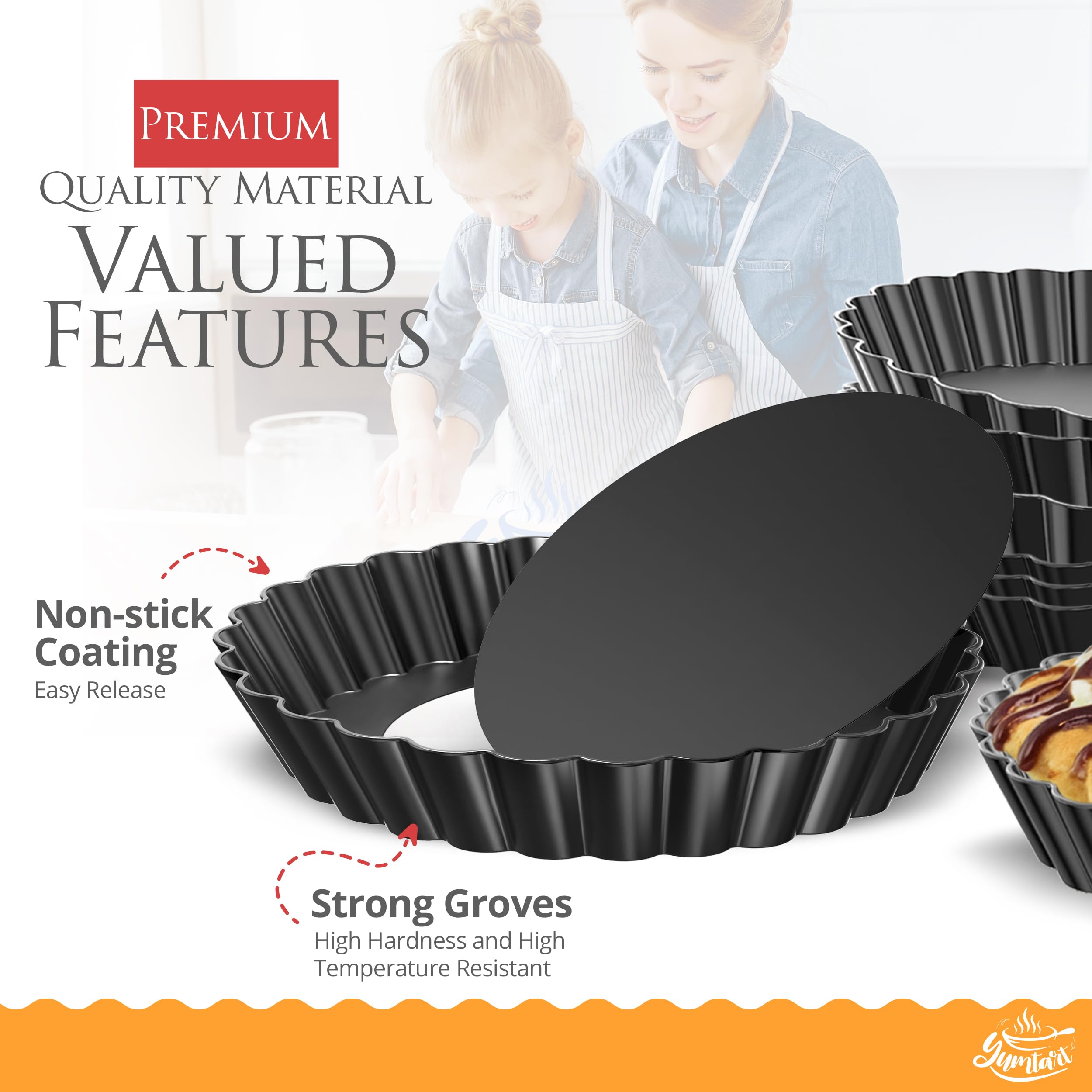YUMTART 4 Inch Round Tart Pan 8 Pieces, False Bottom Pie Pan, Deep Fluted Tart and Quiche Pan with Removable Bottom - Non-Stick Tart Pan