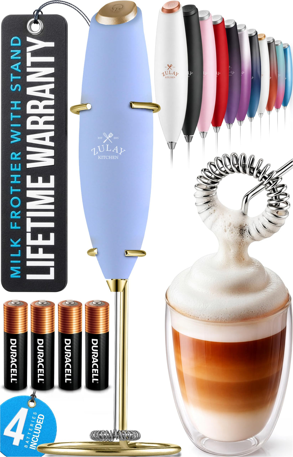 Zulay Kitchen Powerful Milk Frother Wand With Duracell Batteries - Ultra Fast Handheld Drink Mixer - Electric Whisk Foam Maker for Coffee, Lattes, Cappuccino & Matcha - Z1 Motor - Aqua