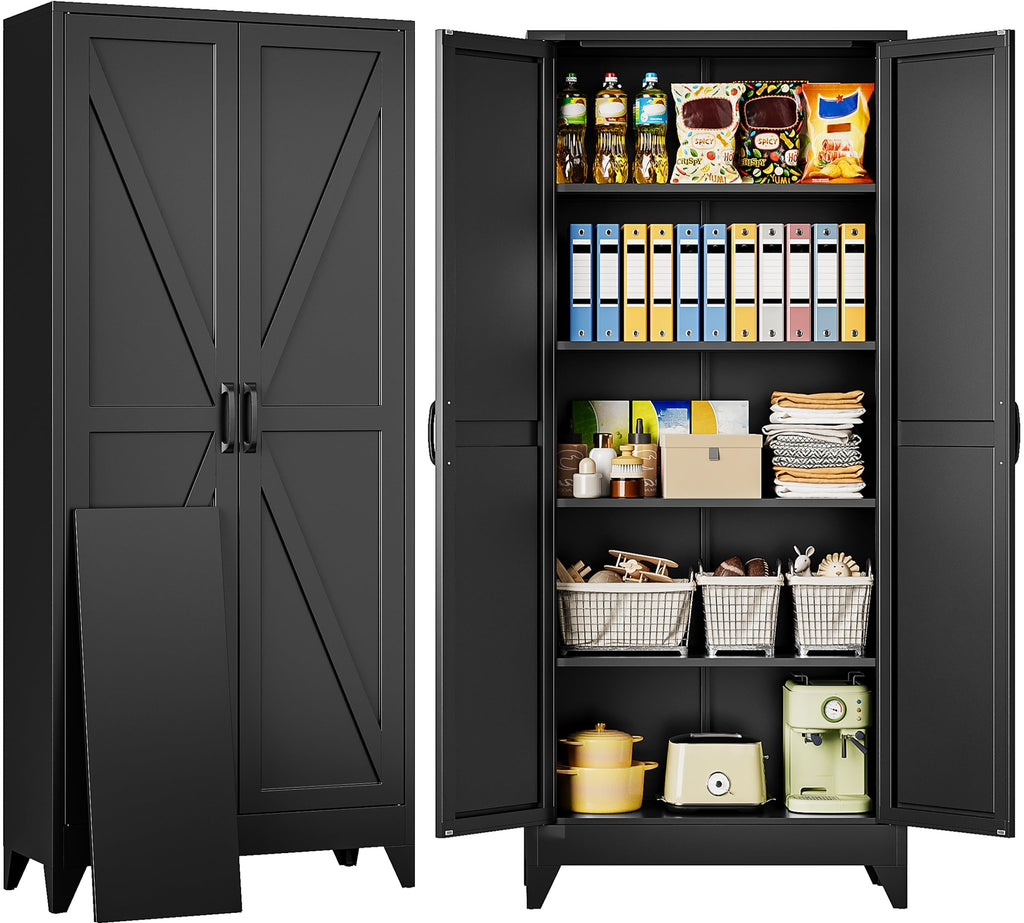 SISESOL 71" Tall Pantry Cabinet with 2 Doors and 5 Shelves,Kitchen Pantry Storage Cabinets,White Metal Storage Cabinet,Wide Deep Food Cupboard for Home,Kitchen,Dining/Living Room