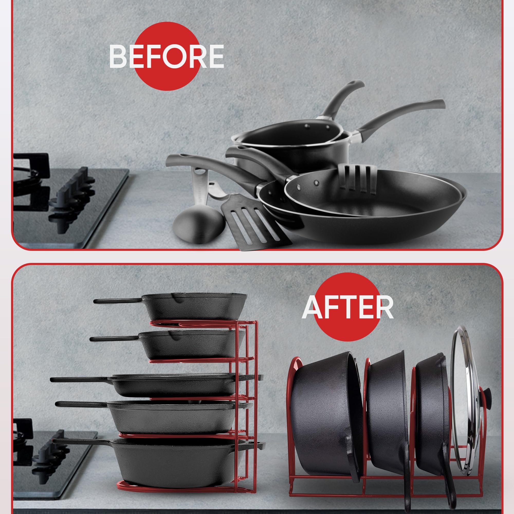 Extreme Matters Heavy-Duty Pots and Pans Organizer | 5-Tier Cookware & Lid Storage Rack | Free-Standing or Wall-Mount | Kitchen Organizer for Cast Iron Skillets, Pots, Frying Pans, Lids | Red