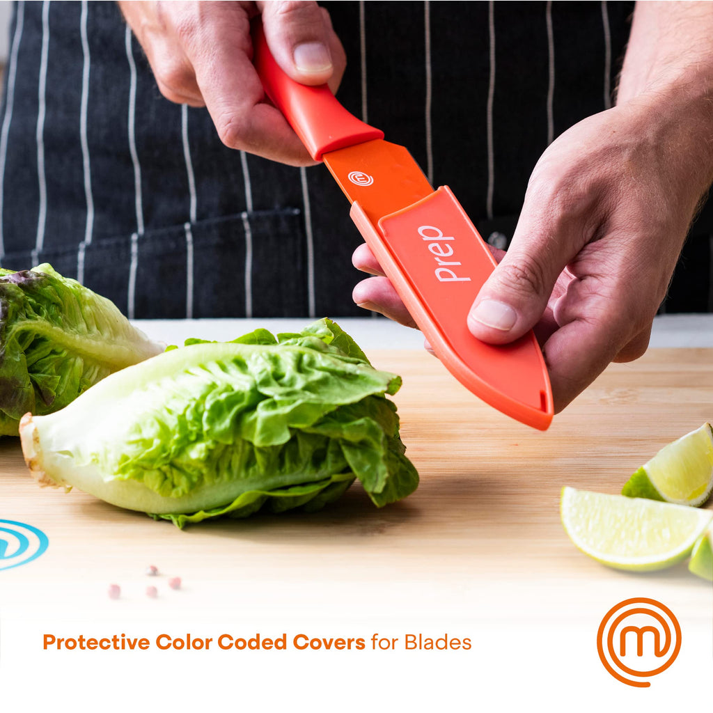 MasterChef Kitchen Knives Set with Covers incl. Paring, Boning, Carving, Bread, Santoku & Chef Knife, Sharp Cutting Stainless Steel Blades with Sheaths, 12 Piece (6 Colored Knives & 6 Covers)