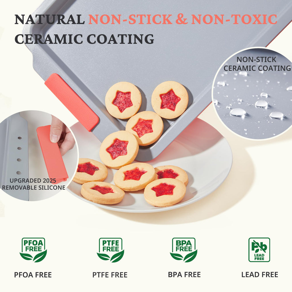 BRONYPRO Non Stick Ceramic Baking Sheet Pan Set of 3, Natural Non Toxic Cookie Sheets for Baking - PFOA, PTFE Free, Heavy Duty Aluminized Steel Oven Trays for Cooking with Silicone Handles, Coral