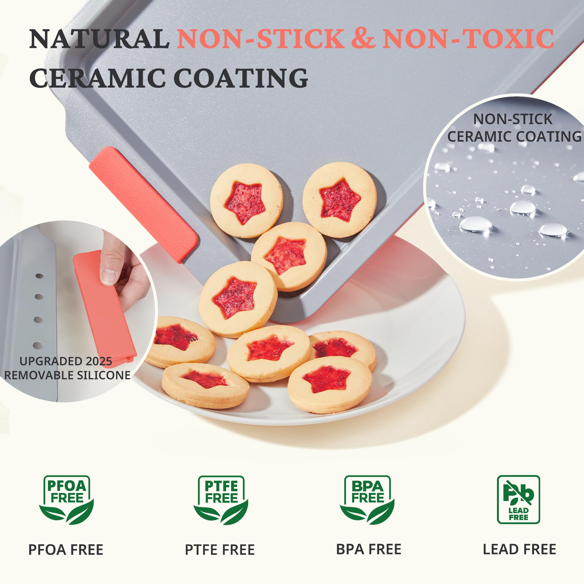 BRONYPRO Non Stick Ceramic Baking Sheet Pan Set of 3, Natural Non Toxic Cookie Sheets for Baking - PFOA, PTFE Free, Heavy Duty Aluminized Steel Oven Trays for Cooking with Silicone Handles, Coral