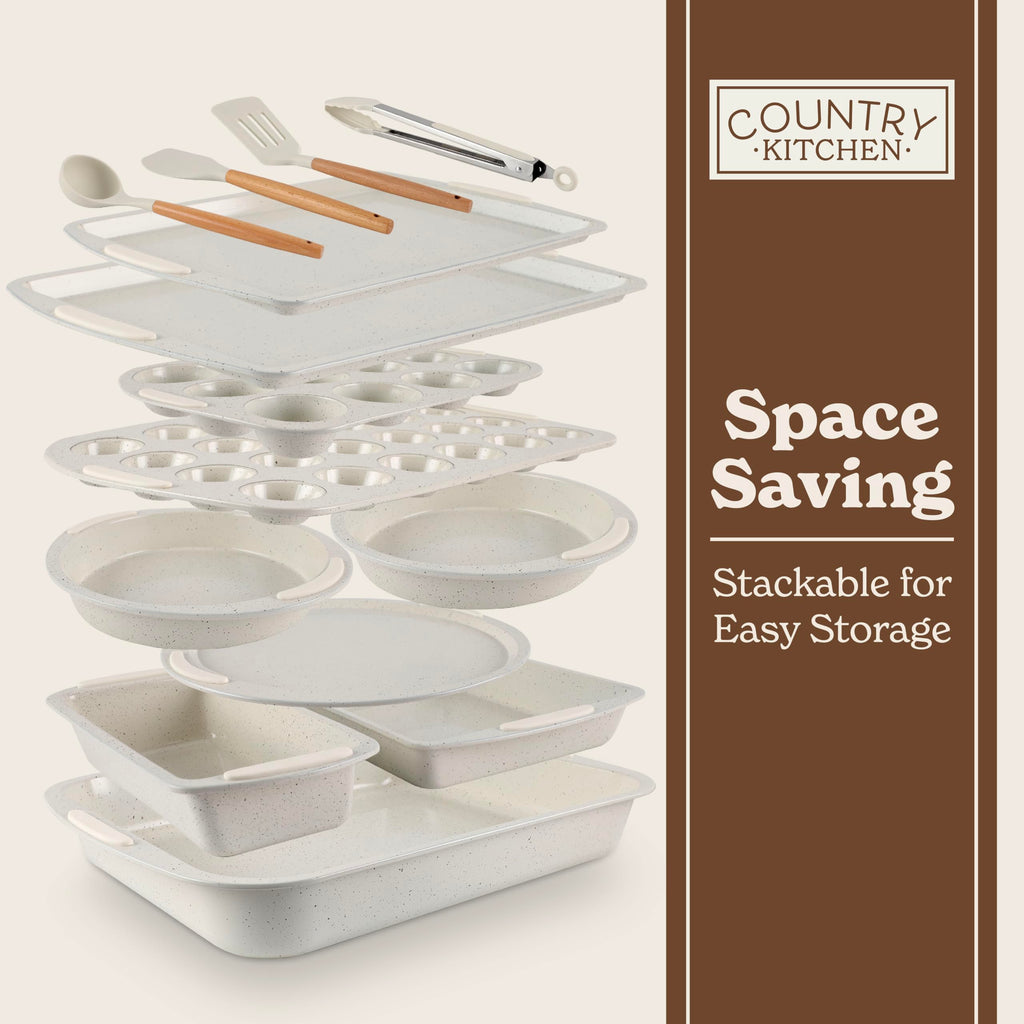 Country Kitchen Nonstick Stackable Bakeware Set - Durable, Easy Release Baking Set, Cream, 14 Pcs