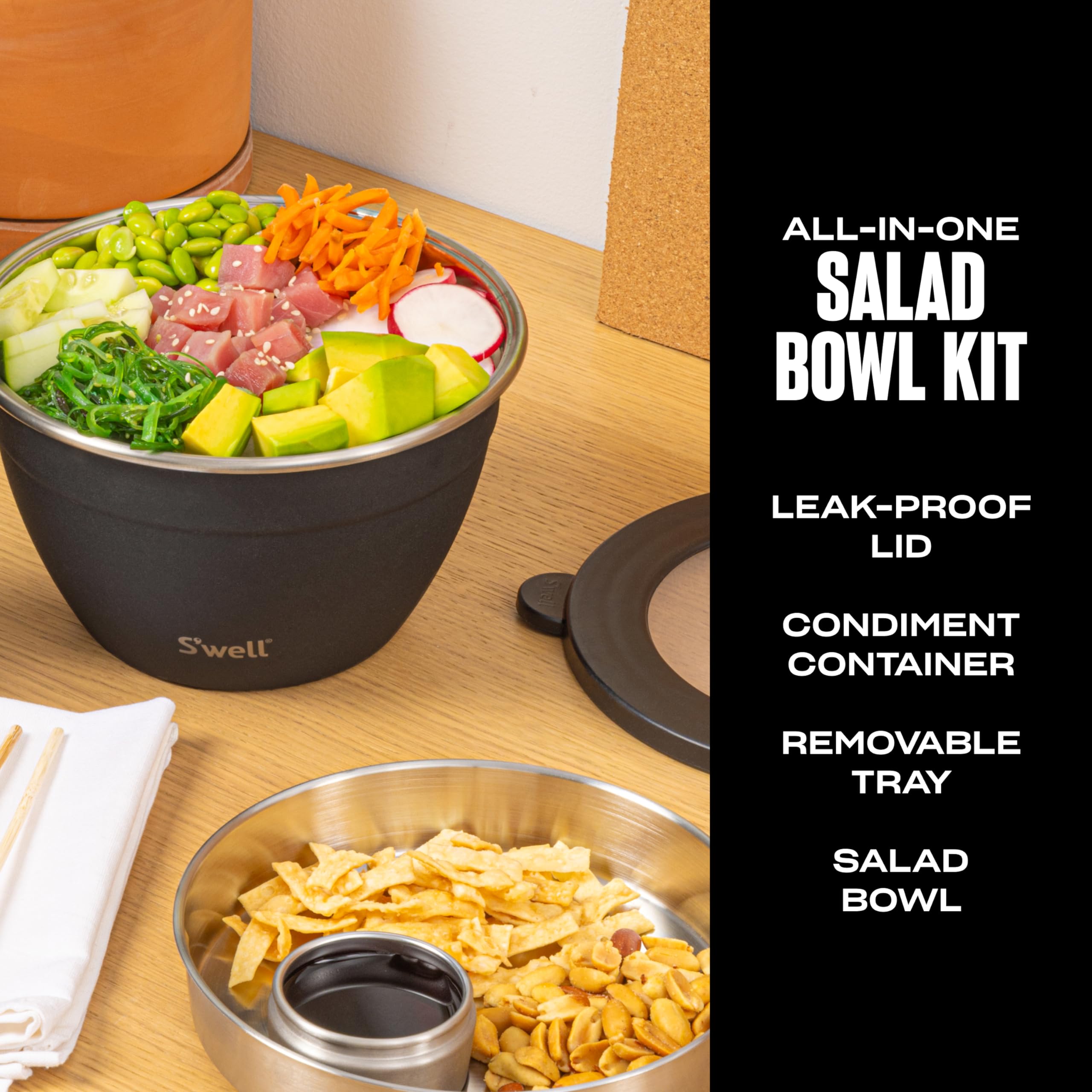 S’well Stainless Steel 64oz Salad Bowl Kit in Onyx, Comes with 2oz Condiment Container and Removable Tray for Organized Serving, Leak-Proof and Dishwasher Safe