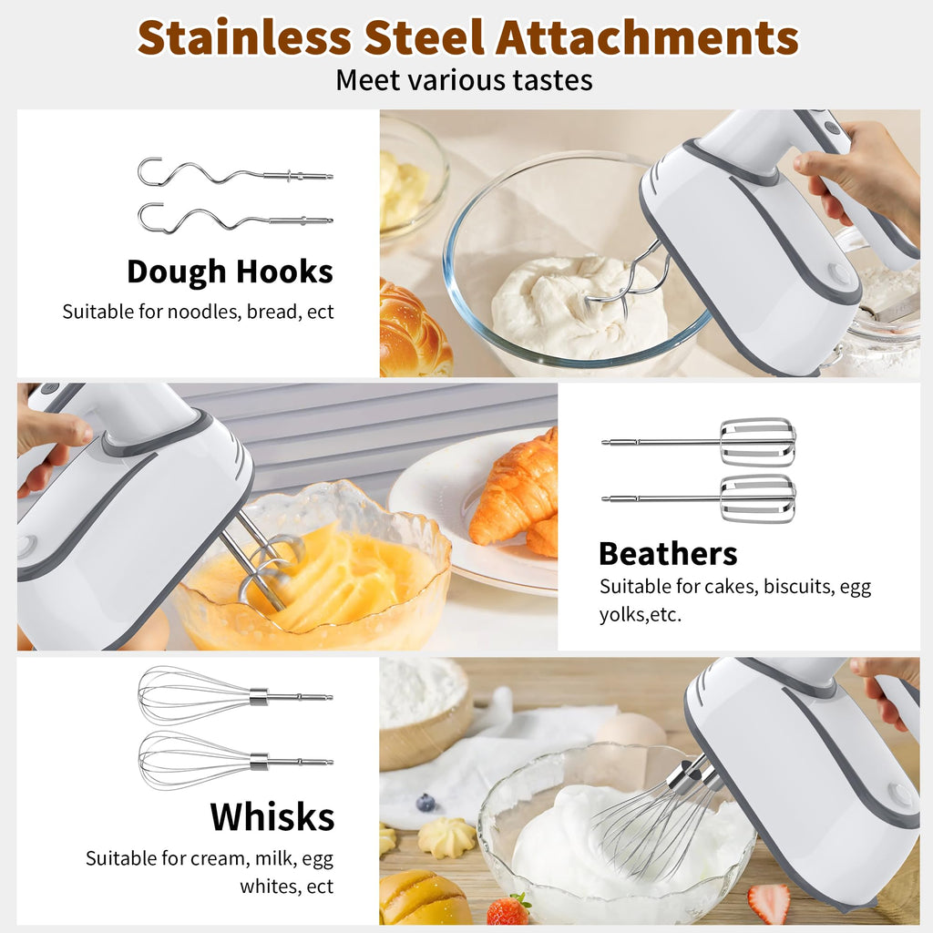 Cordless Electric Hand Mixer: 12 Speeds Powerful Handheld Mixer with 6 Stainless Steel Attachments (2 Beaters, 2 Dough Hooks, 2 Whisks), Snap-On Storage Case & Eject Button (White)