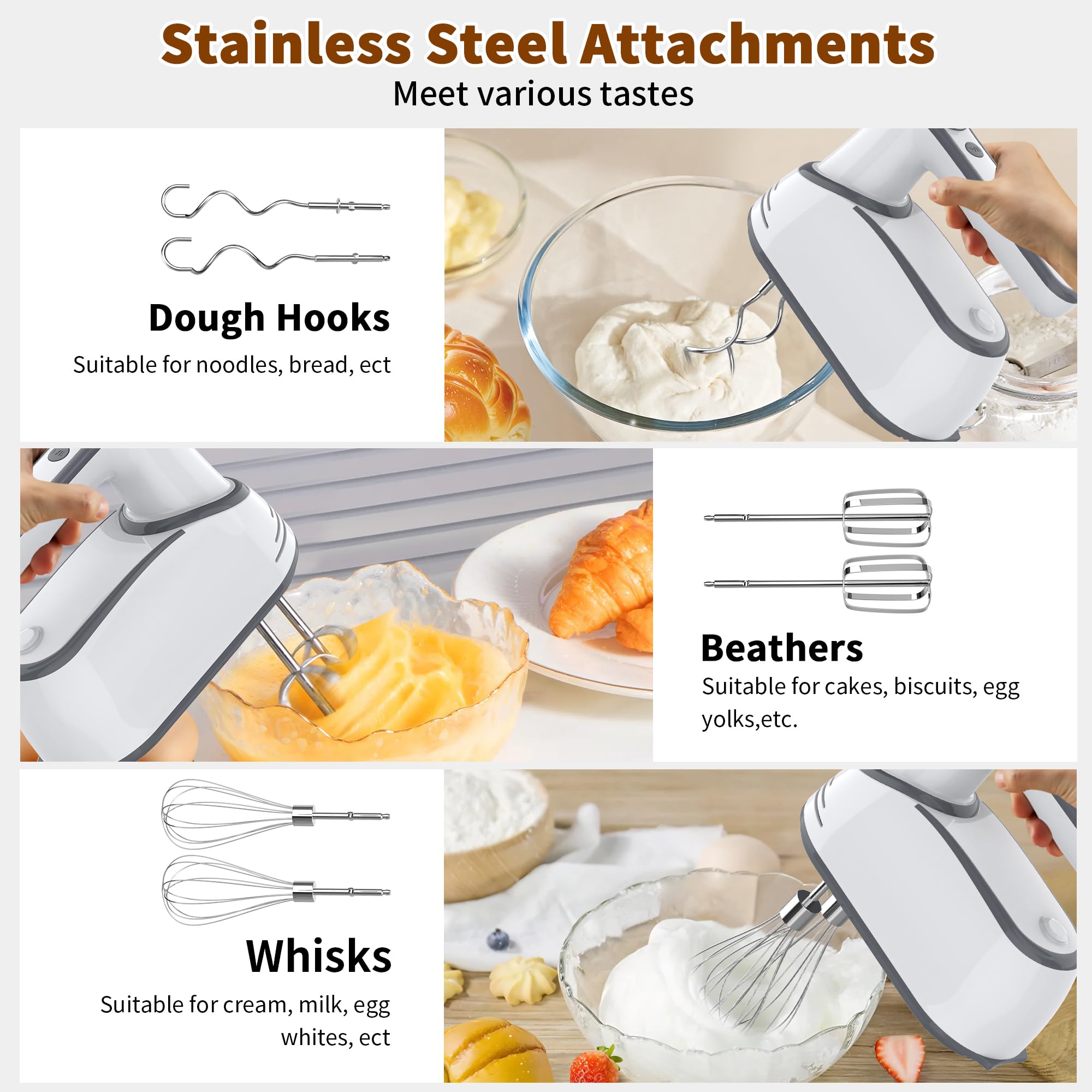 Cordless Electric Hand Mixer: 12 Speeds Powerful Handheld Mixer with 6 Stainless Steel Attachments (2 Beaters, 2 Dough Hooks, 2 Whisks), Snap-On Storage Case & Eject Button (White)