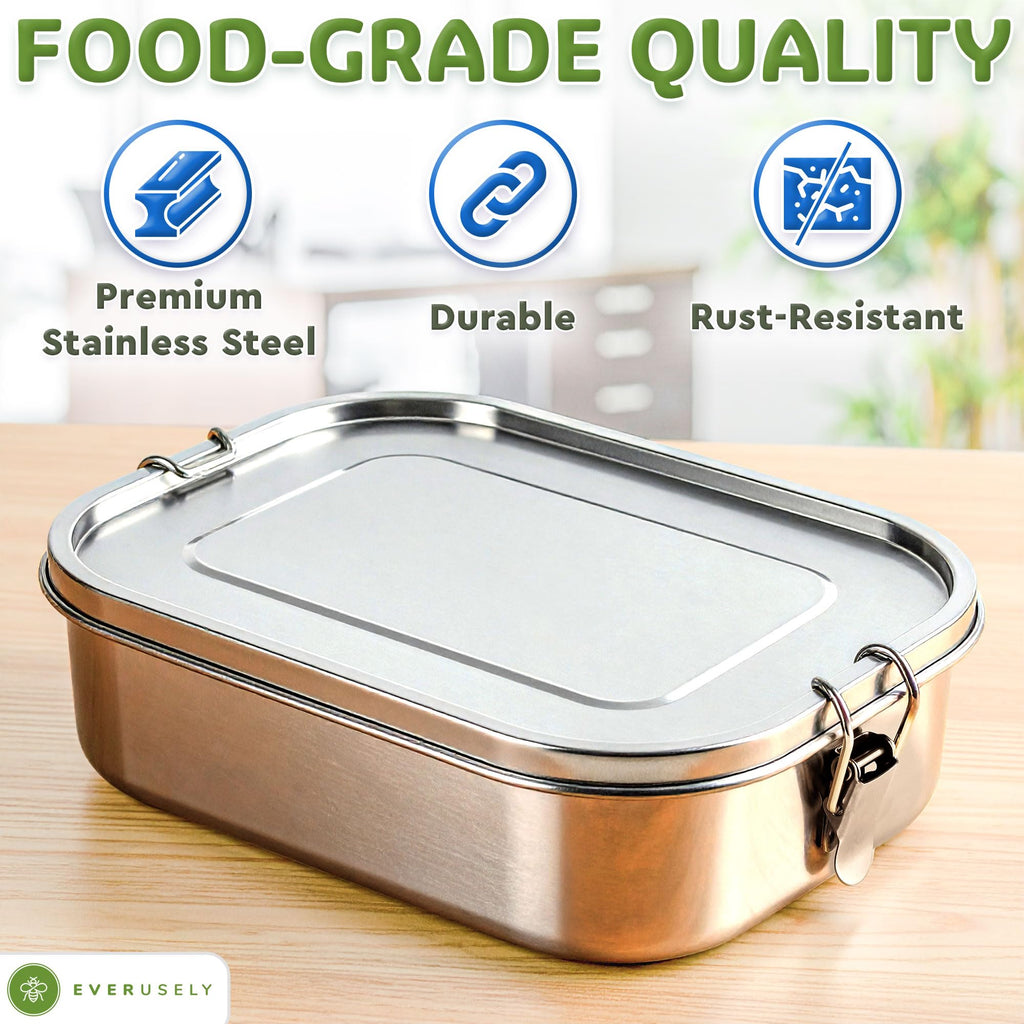 Bento Box - 47 oz - 5 Compartment Bento Box - Metal Lunch Box w/ Lock Clips