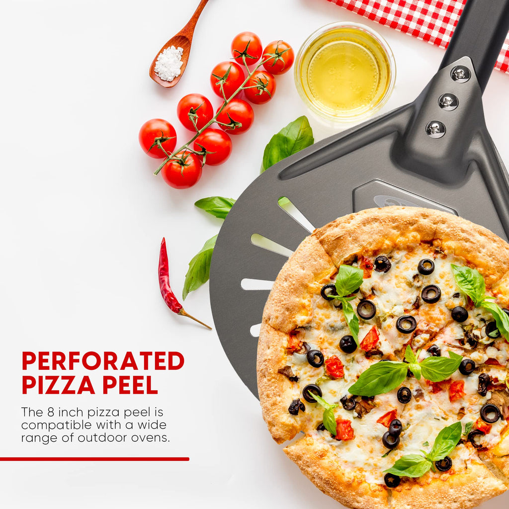 TKC 8" Perforated Pizza Peel - Professional Aluminum Pizza Turning peel - Long Handle Metal Pizza Spatula for Indoor and Outdoor - Lightweight Non-Stick Pizza Turner - Pizza Oven Accessories