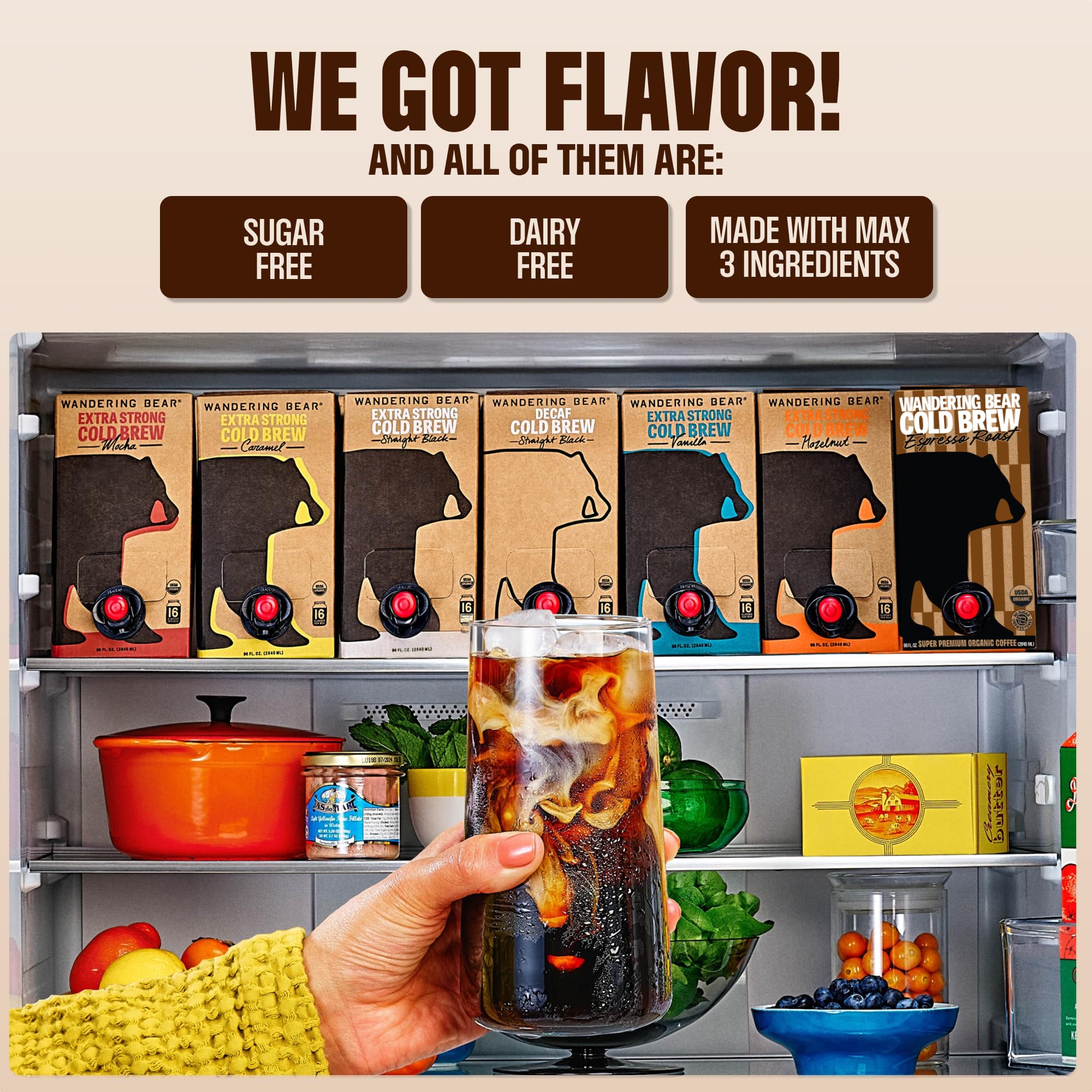 Wandering Bear Organic Caramel Cold Brew Coffee On Tap, Iced Coffee Drink - Extra Strong, Bold, Smooth, No Sugar Added, Shelf-Stable, Ready to Drink,Gluten Free & Vegan -16 Servings of 6fl.oz -96fl.oz