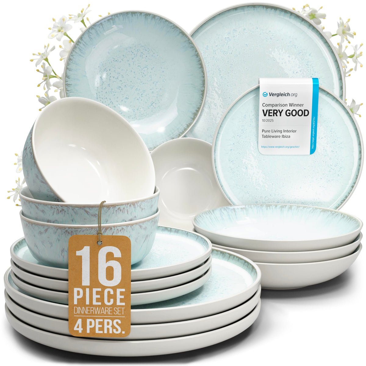 24 Piece Stoneware Dinnerware Set for 8, Handcrafted Plates and Bowls Set