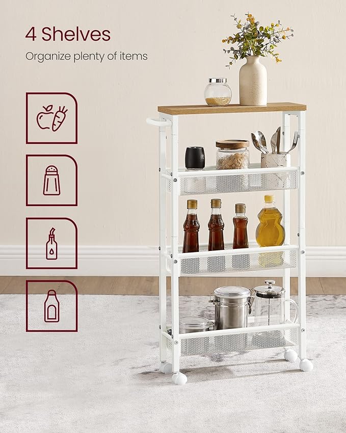 VASAGLE Slim Rolling Cart, 4-Tier Storage Cart, Narrow Cart with Handle, 5.1 Inches Deep, Metal Frame, for Kitchen, Dining Room, Living Room, Home Office, Oak Beige and Classic White ULRC032W09