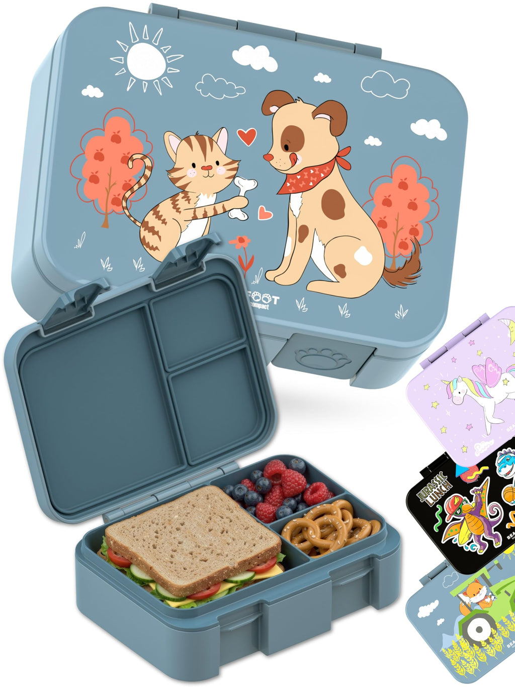 BEARFOOT Kids Lunch Box with Compartments – Compact & Lightweight | Leak-Proof, BPA-Free, Dishwasher Safe | Hand-Drawn Design for Preschool, School, Travel (Sticker Purple, 2.75 Cups)