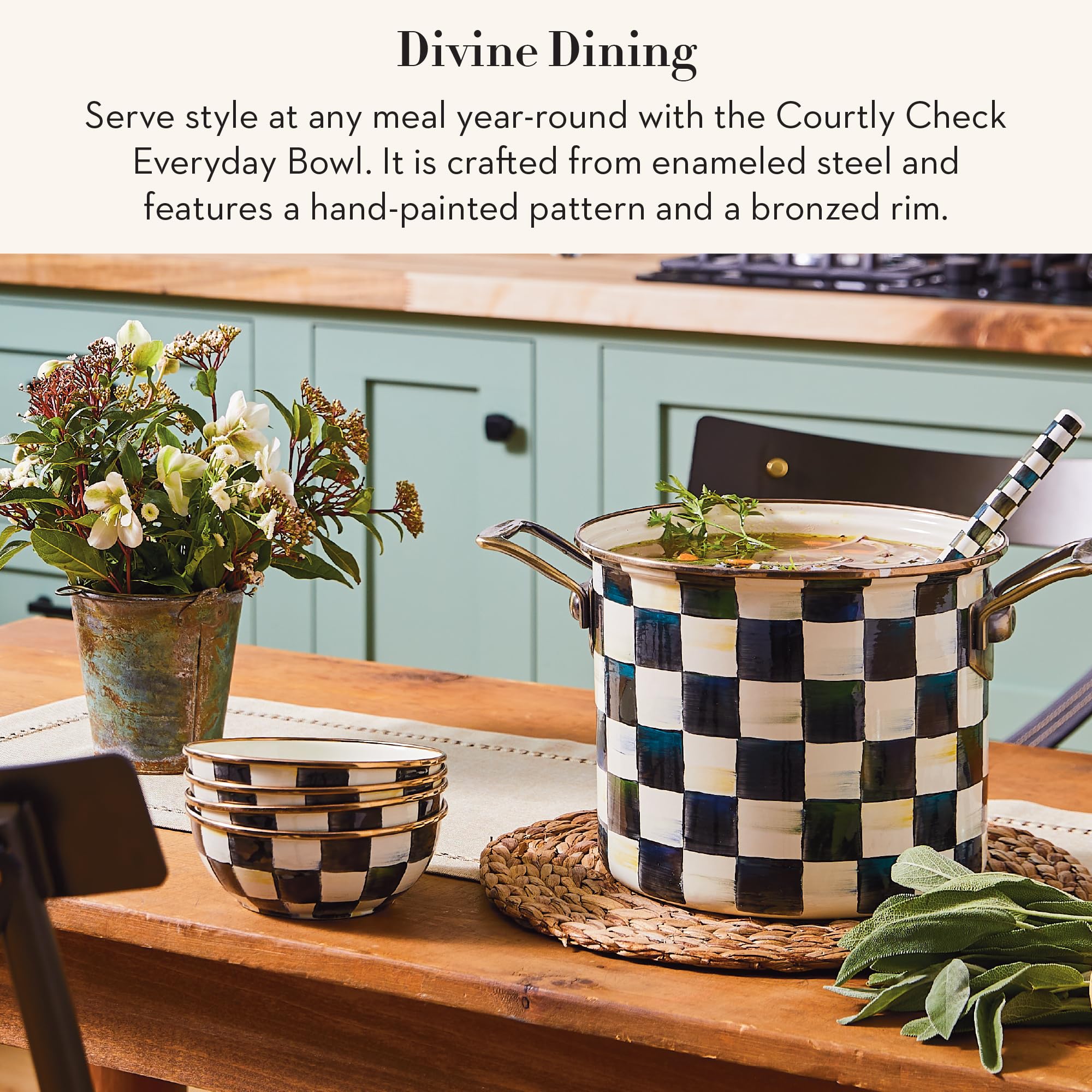 MACKENZIE-CHILDS Enamel Everyday Bowl, Serving Bowl for Entertaining, Extra-Small, Black-and-White Courtly Check, Set of 1
