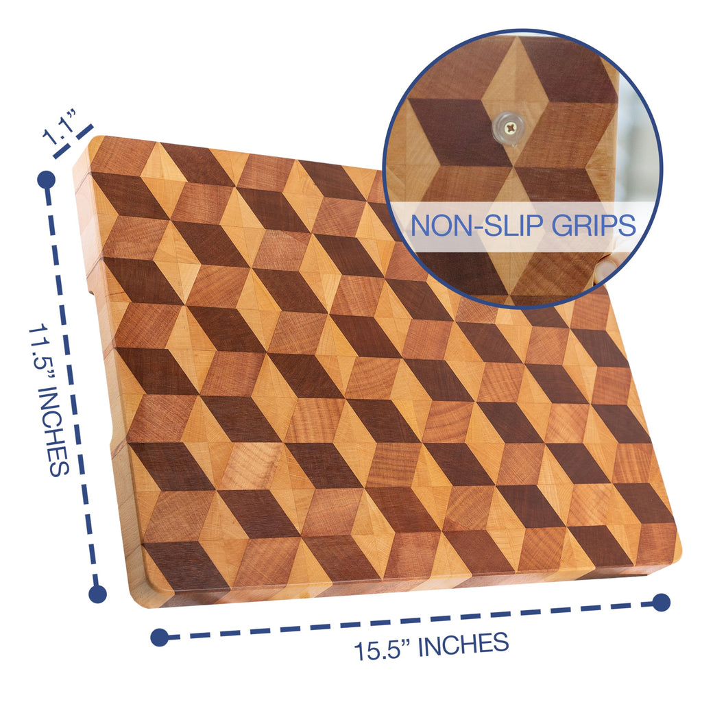 End Grain Wooden Cutting Board for Kitchen 15.5"x 11.5" - Walnut Hardwood Chopping Block with Non Slip Grips - Ideal for Charcuterie & Meat Butcher - Handmade 3D Design Wood (1.1'' Thick, Large)