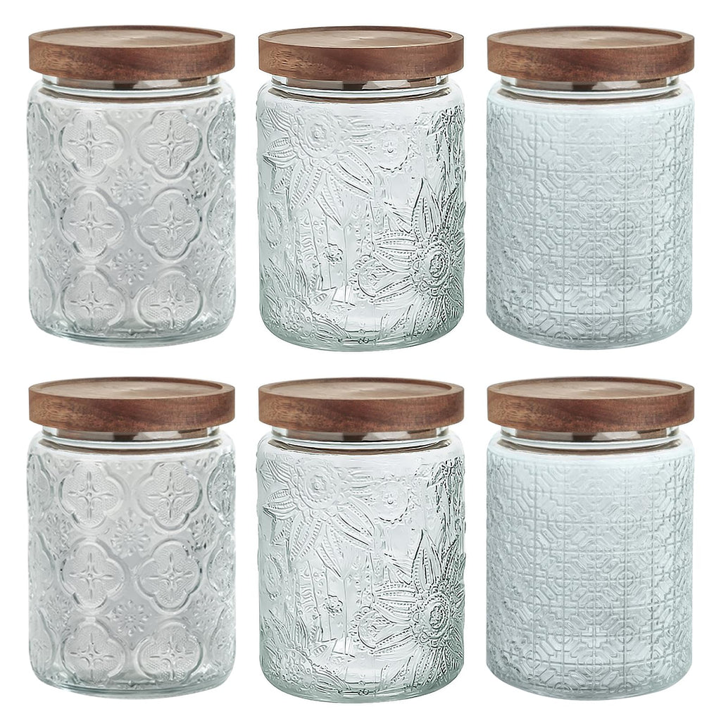 24 OZ/4 PCS Glass Storage Jar with Airtight Bamboo Wooden Lids, Vintage Food Containers Canisters Sets for Kitchen Counter Pantry, Sugar, Flour, Candy, Tea, Coffee Beans, Oats, Grain Bin, Pasta,
