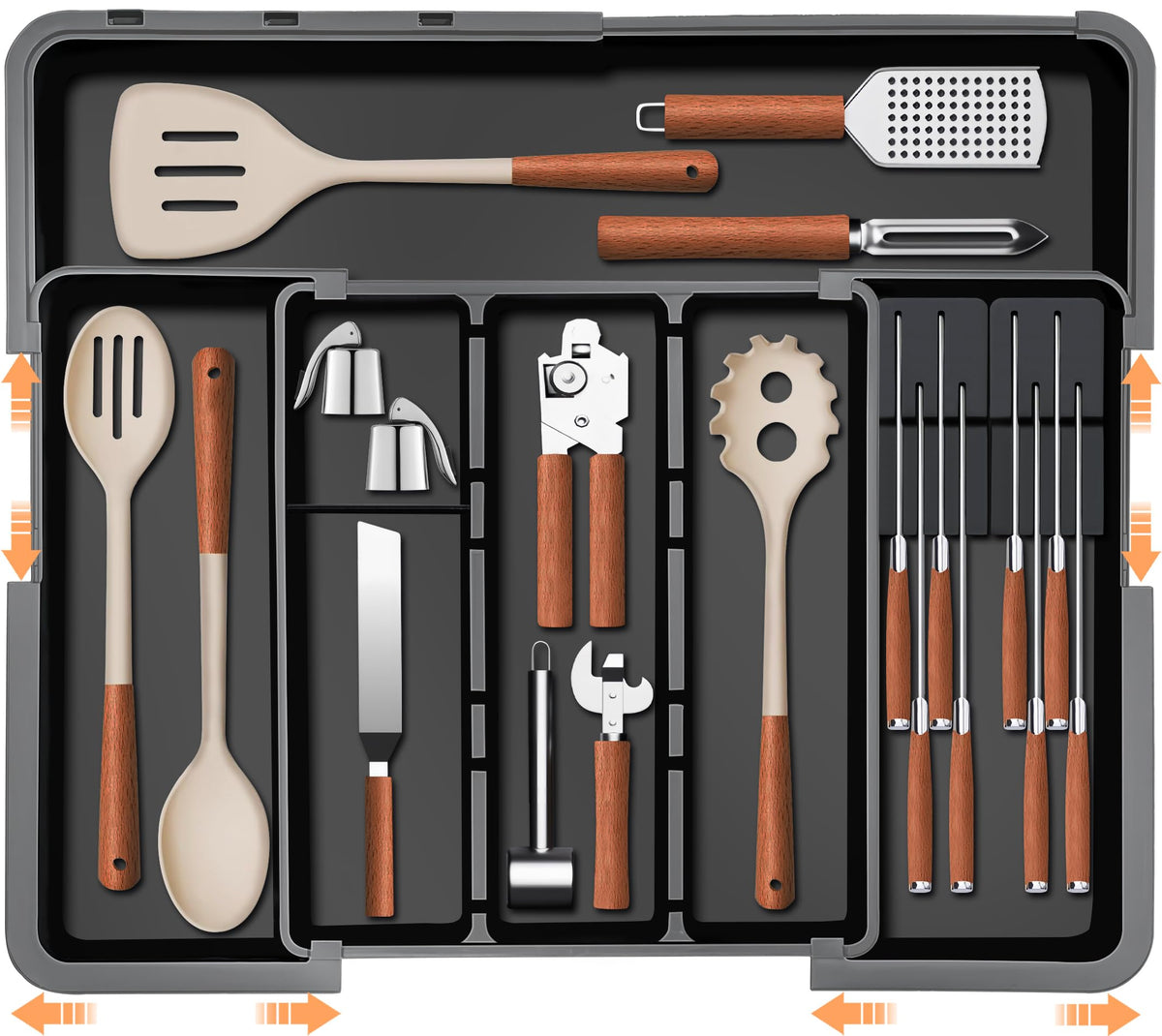 Homecor Large Utensil Organizer for Kitchen Drawer, Expandable Silverware Drawer Organizer Cooking Tray, Cutlery and Flatware Utensil Holder Kitchen Spatula Tools Storage with 3 Dividers, Grey