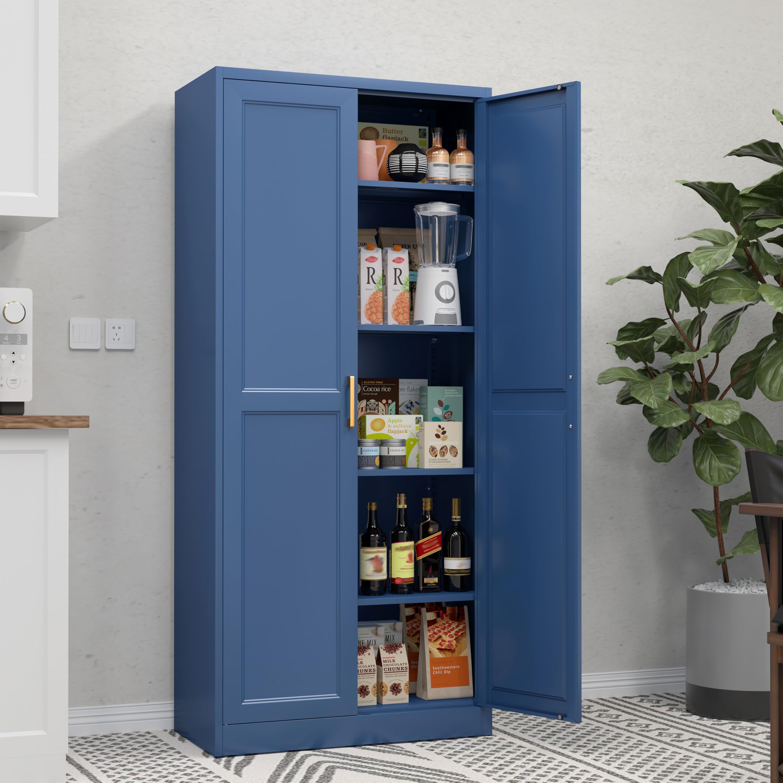 MetalMax 71" Tall Metal Storage Cabinet, Kitchen Pantry Storage Cabinets with Doors and 4 Adjustable Shelves, Food Pantry Cabinet, Large Cupboard, Utility Steel Cabinets for Dining, Living Room, Blue