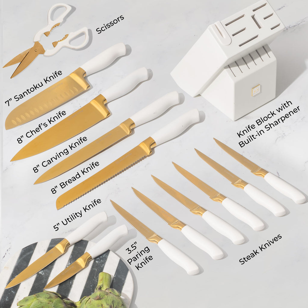 Styled Settings White and Gold Knife Set with Block and Sharpener 14-Piece