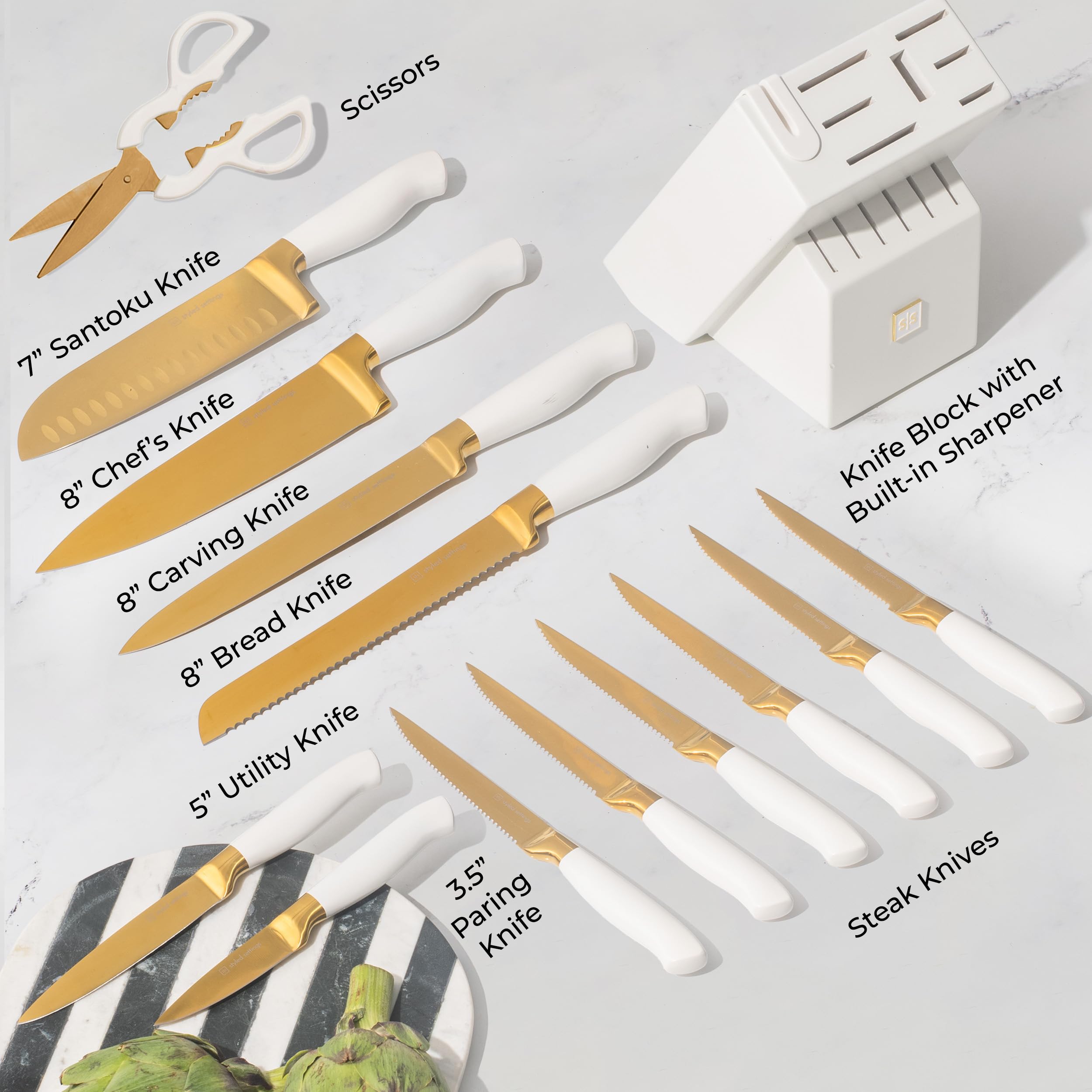 Styled Settings White and Gold Knife Set with Block and Sharpener 14-Piece