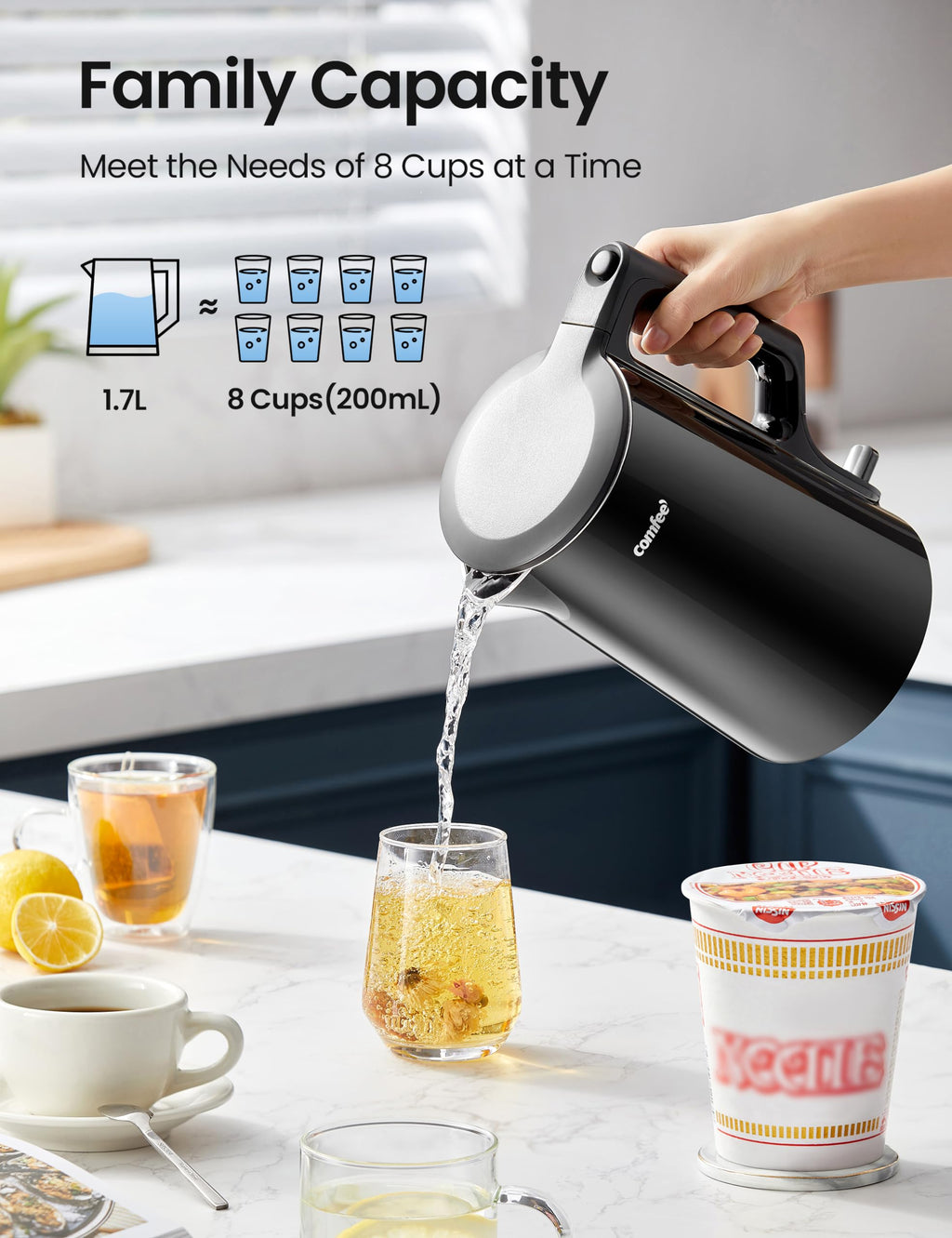 COMFEE Electric Kettle, 1.7L, Auto Shut-Off, 1500W, Black, stainless steel