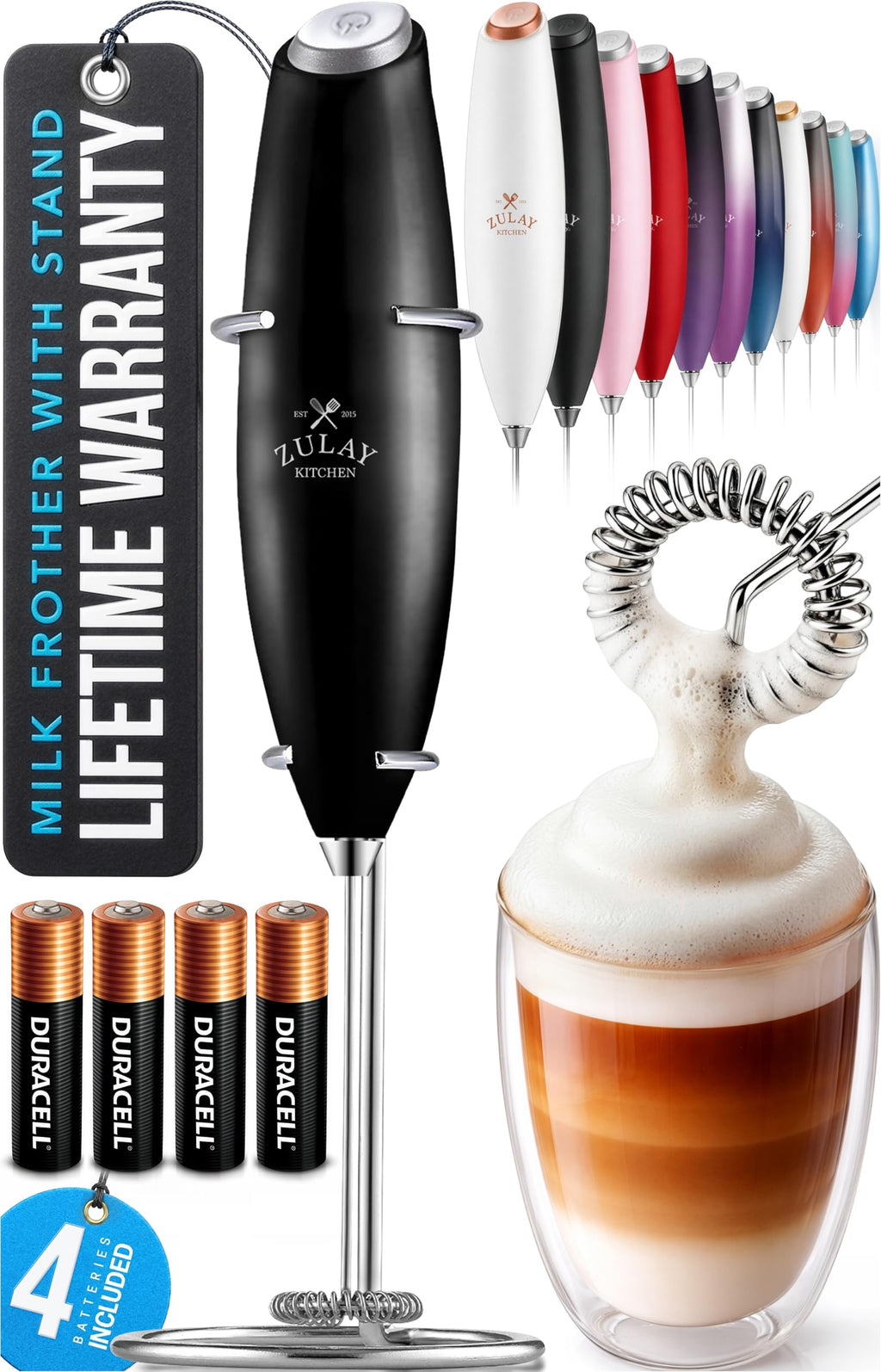 Zulay Kitchen Powerful Milk Frother Wand With Duracell Batteries - Ultra Fast Handheld Drink Mixer - Electric Whisk Foam Maker for Coffee, Lattes, Cappuccino & Matcha - Z1 Motor - Aqua