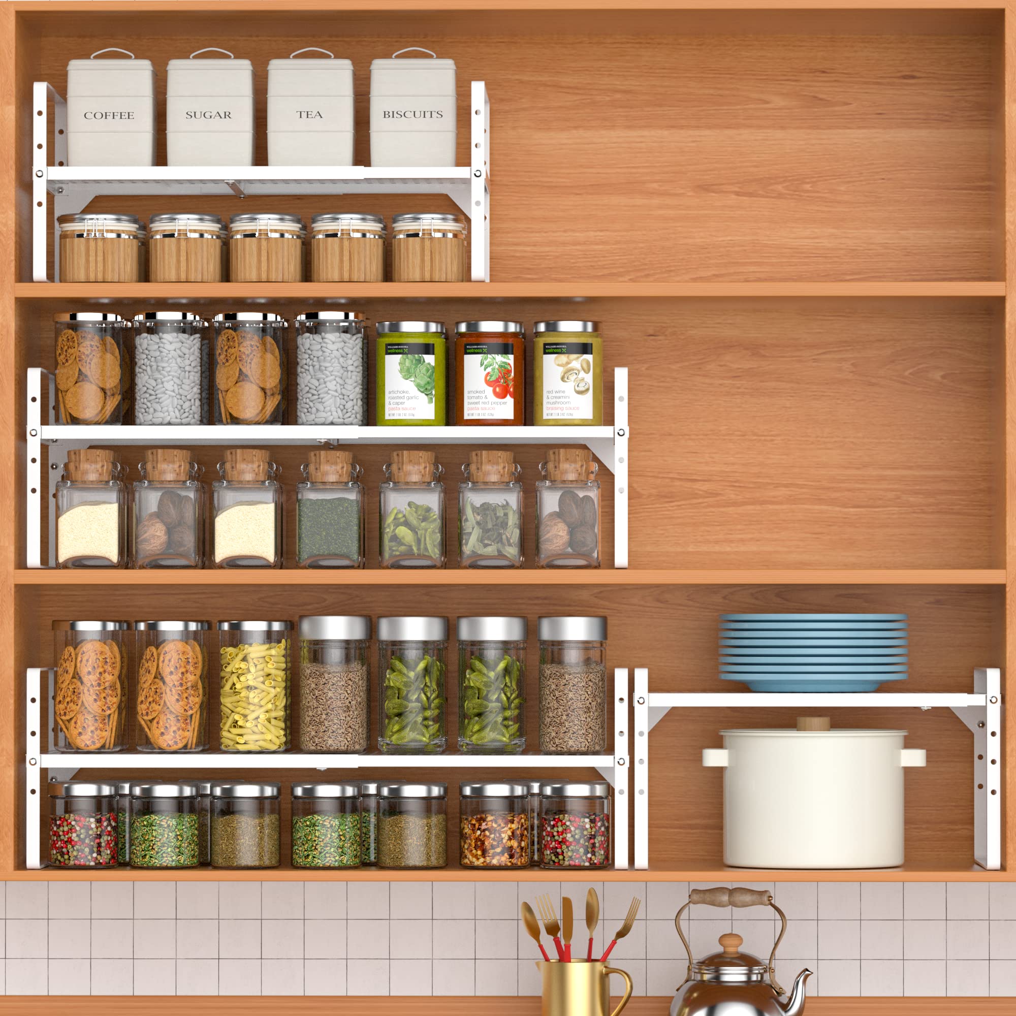 iPEGTOP 2 Pack Large Expandable Cabinet Storage Shelf, Heavy Duty Stackable Steel Metal Spice Rack Adjustable Height Home Office Pantry Garage Shelves for Counter Kitchen Organization, White