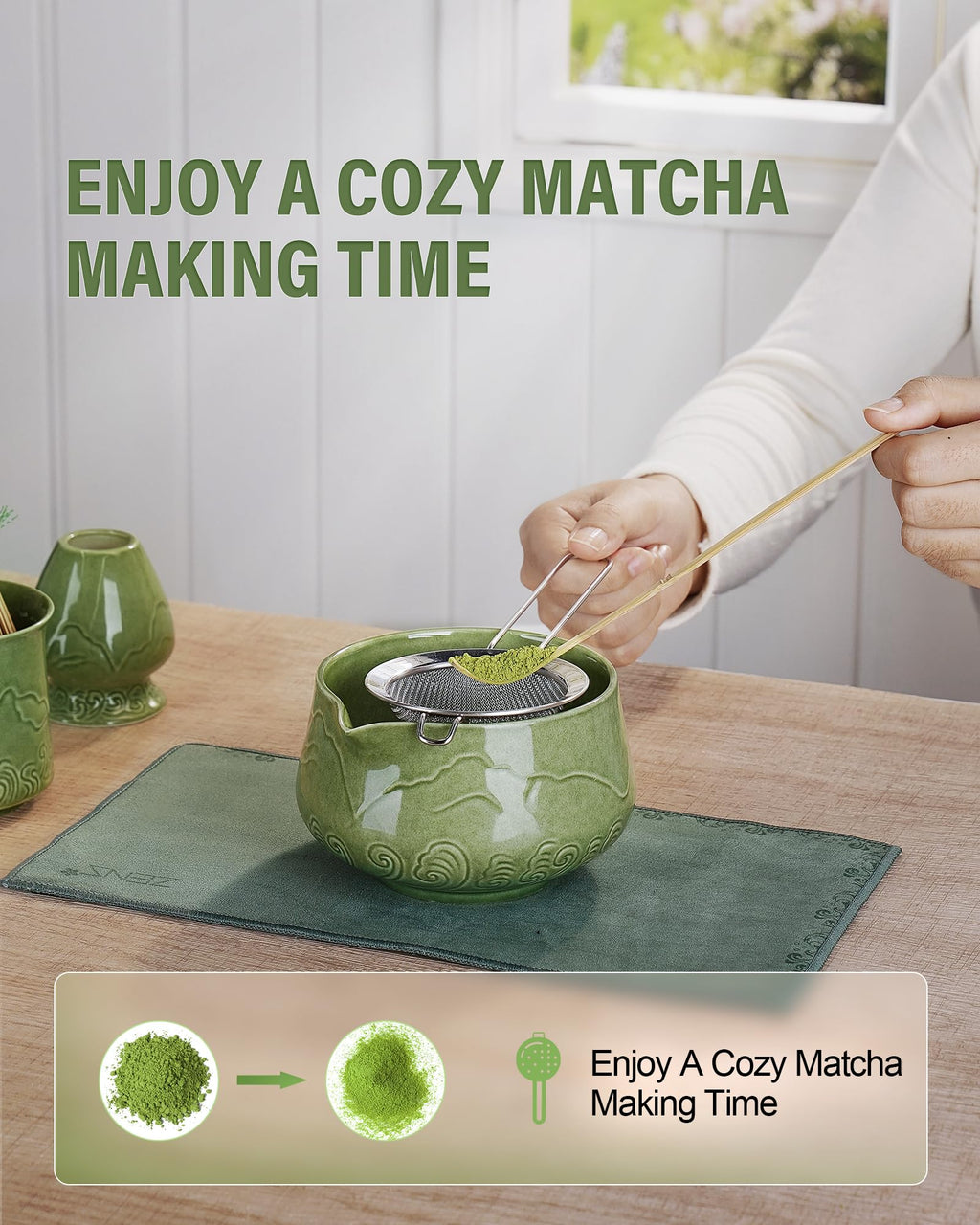 ZENS Matcha Whisk Set, 6Pcs Matcha Kit Set Includes Ceramic Bowl, Bamboo Whisk and Chasen Holder,Scoop, 304 Stainless Sifter & Tea Mat, Matcha Set for Tea Ceremony, Blue
