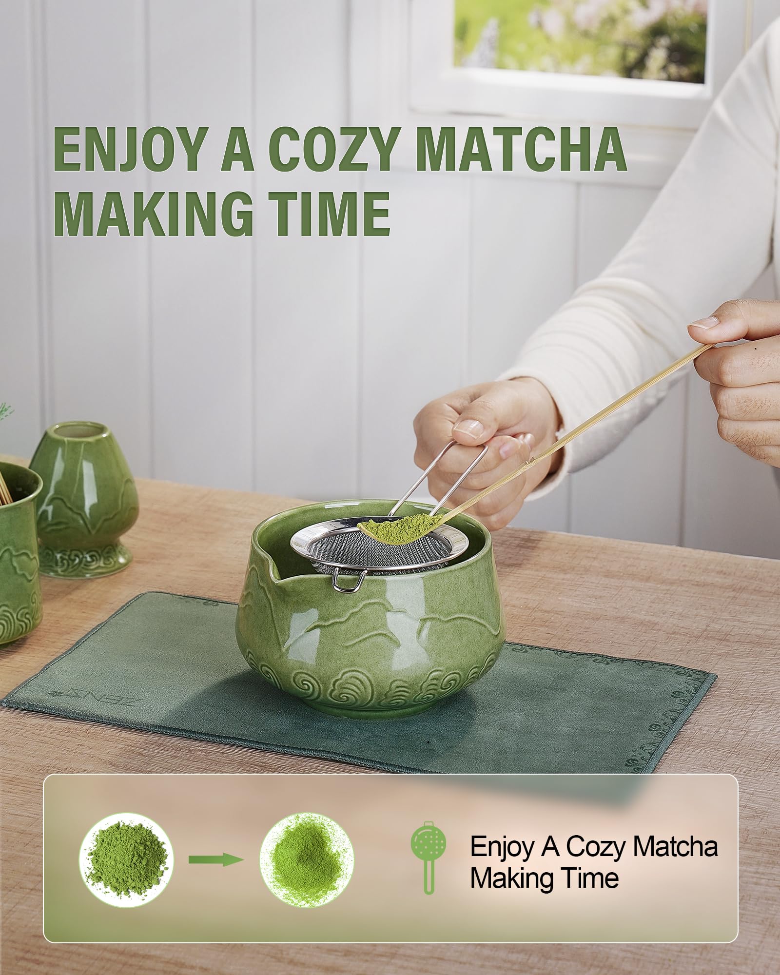 ZENS Matcha Whisk Set, 6Pcs Matcha Kit Set Includes Ceramic Bowl, Bamboo Whisk and Chasen Holder,Scoop, 304 Stainless Sifter & Tea Mat, Matcha Set for Tea Ceremony, Blue
