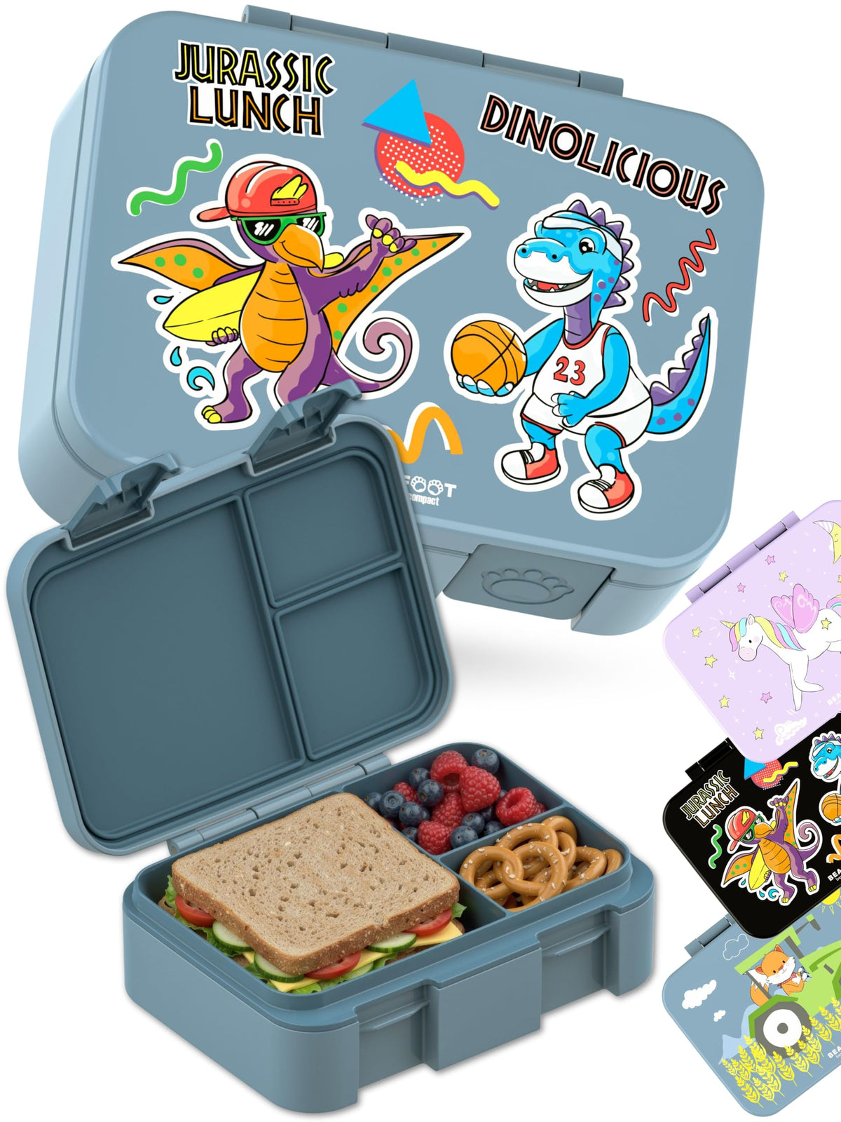BEARFOOT Kids Lunch Box with Compartments – Compact & Lightweight | Leak-Proof, BPA-Free, Dishwasher Safe | Hand-Drawn Design for Preschool, School, Travel (Sticker Purple, 2.75 Cups)