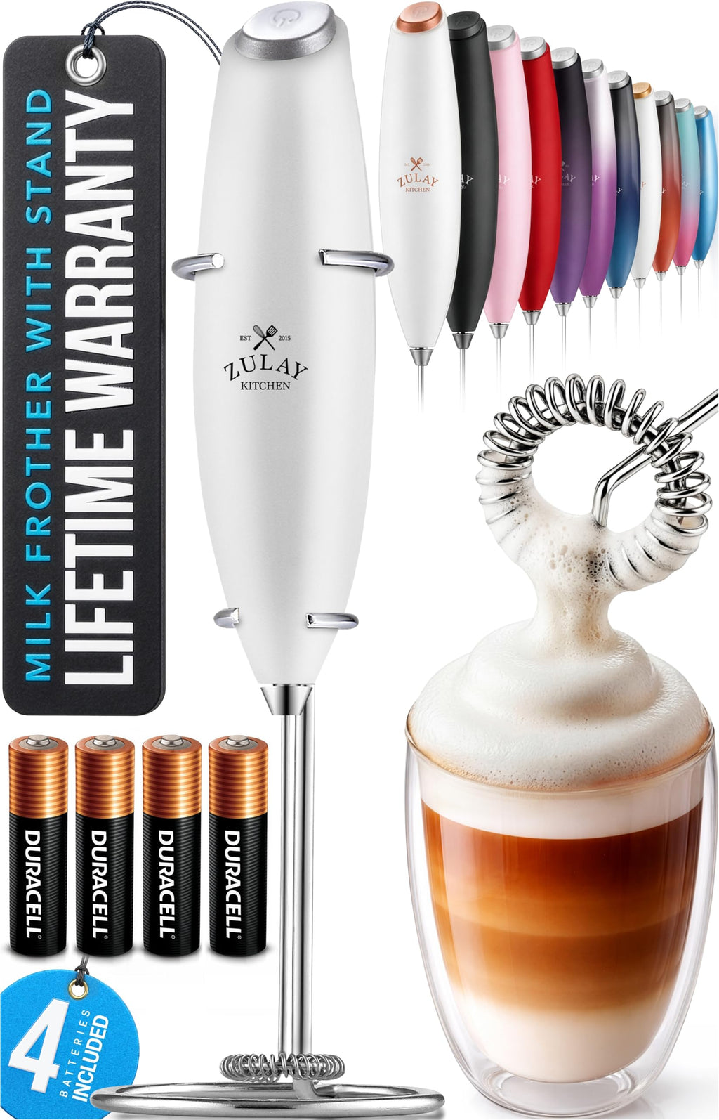 Zulay Kitchen Powerful Milk Frother Wand With Duracell Batteries - Ultra Fast Handheld Drink Mixer - Electric Whisk Foam Maker for Coffee, Lattes, Cappuccino & Matcha - Z1 Motor - Blizzard White
