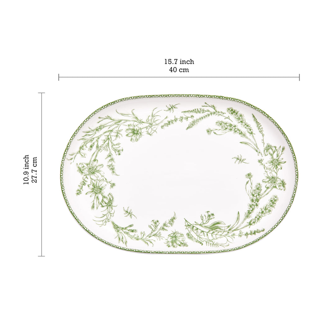 Bico Green Garden Toile De Jouy 16 plus 12 inch Oval Platters Set, Set of 2, Microwave and Dishwasher Safe, for Serving Fish, Chicken, Turkey