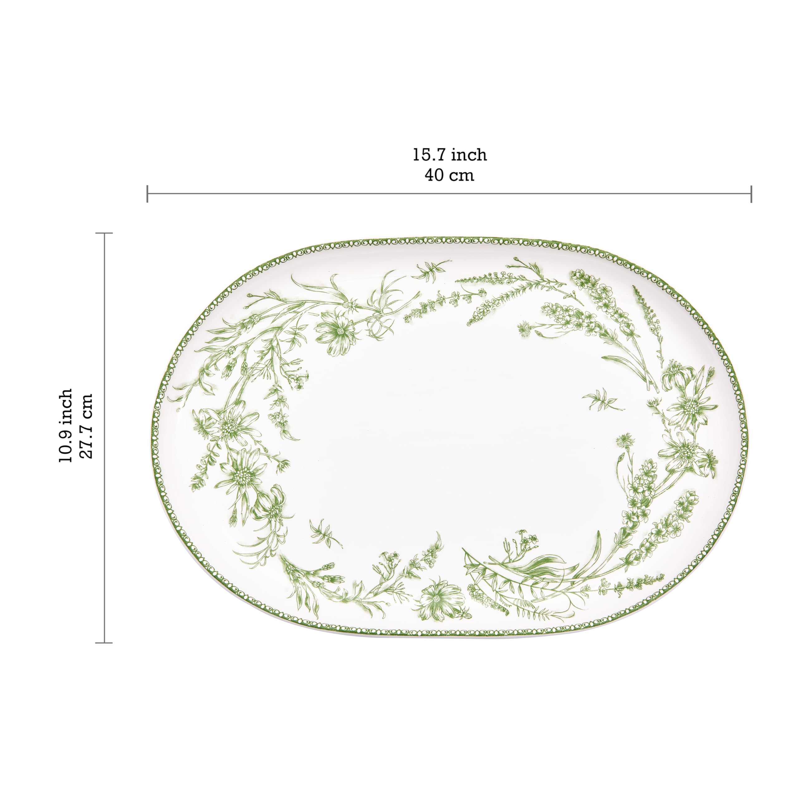 Bico Green Garden Toile De Jouy 16 plus 12 inch Oval Platters Set, Set of 2, Microwave and Dishwasher Safe, for Serving Fish, Chicken, Turkey