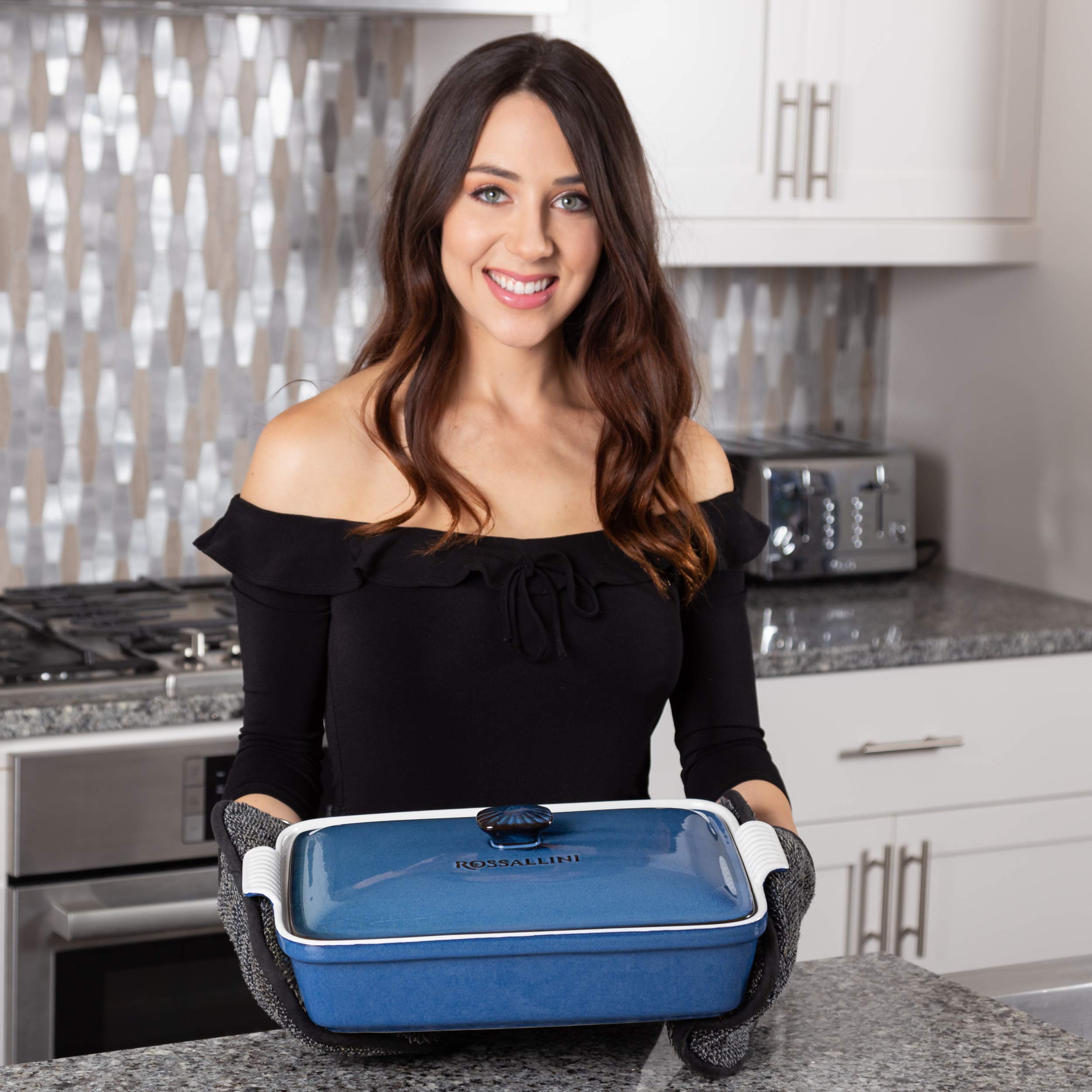 ROSSALLINI Stoneware Casserole Dish Bakeware Set with Lid, Covered Rectangular Dinnerware, Large 3.2 Quart, 11 by 9 Inch, Blu Indaco [Reactive Blue]